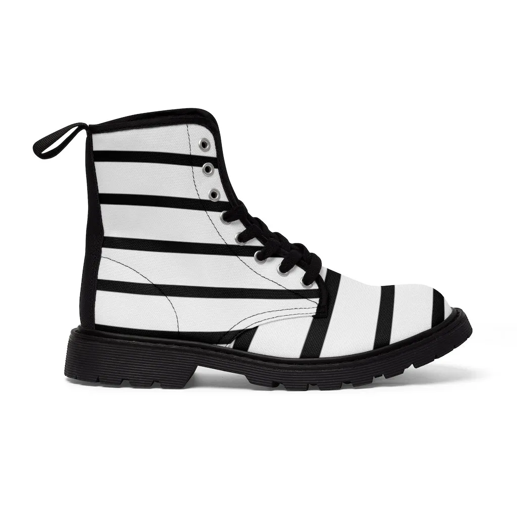 Black Striped Women's Canvas Boots, Black White Stripes Designer Best Fashion Canvas Boots