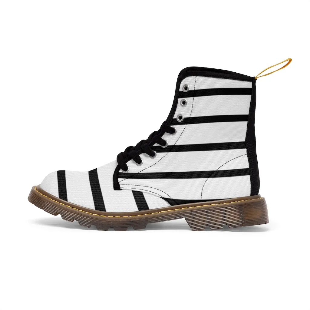 Black Striped Women's Canvas Boots, Black White Stripes Designer Best Fashion Canvas Boots