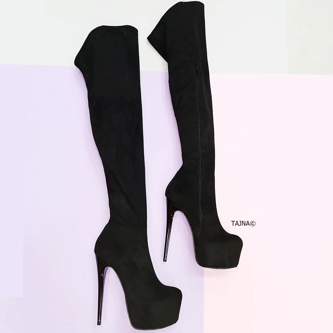 Black Suede Strech Thigh High Platform Boots