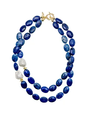 Blue Agate With Baroque Double Wrapped Necklace KN020