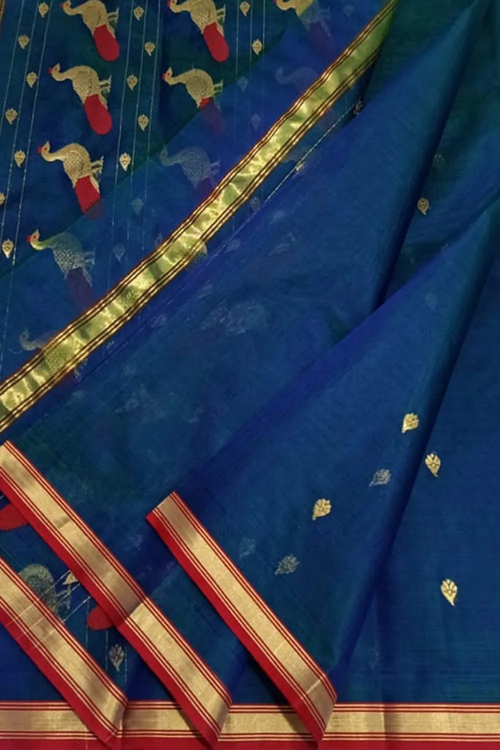 Blue And Green Chanderi Handloom Pure Katan Silk Saree