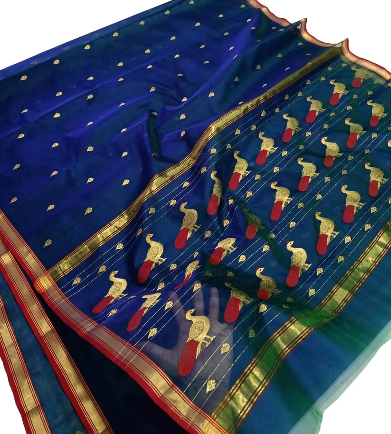 Blue And Green Chanderi Handloom Pure Katan Silk Saree