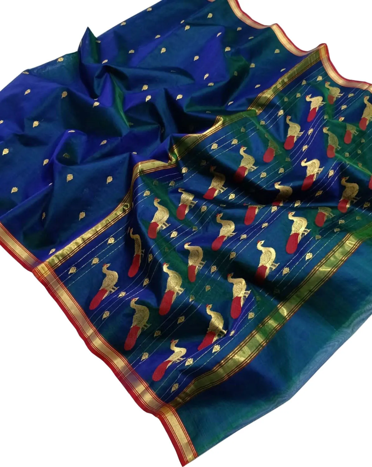 Blue And Green Chanderi Handloom Pure Katan Silk Saree