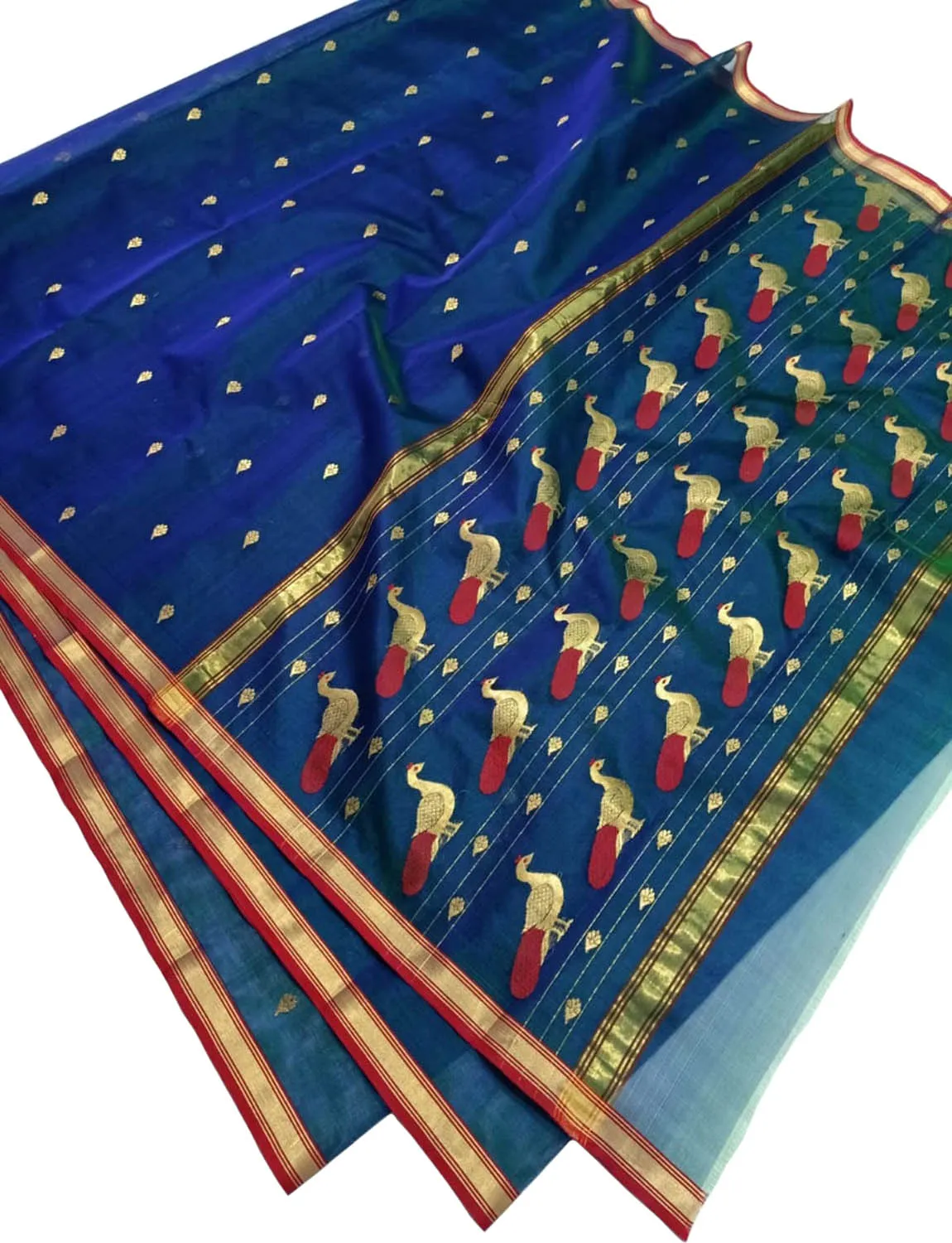 Blue And Green Chanderi Handloom Pure Katan Silk Saree