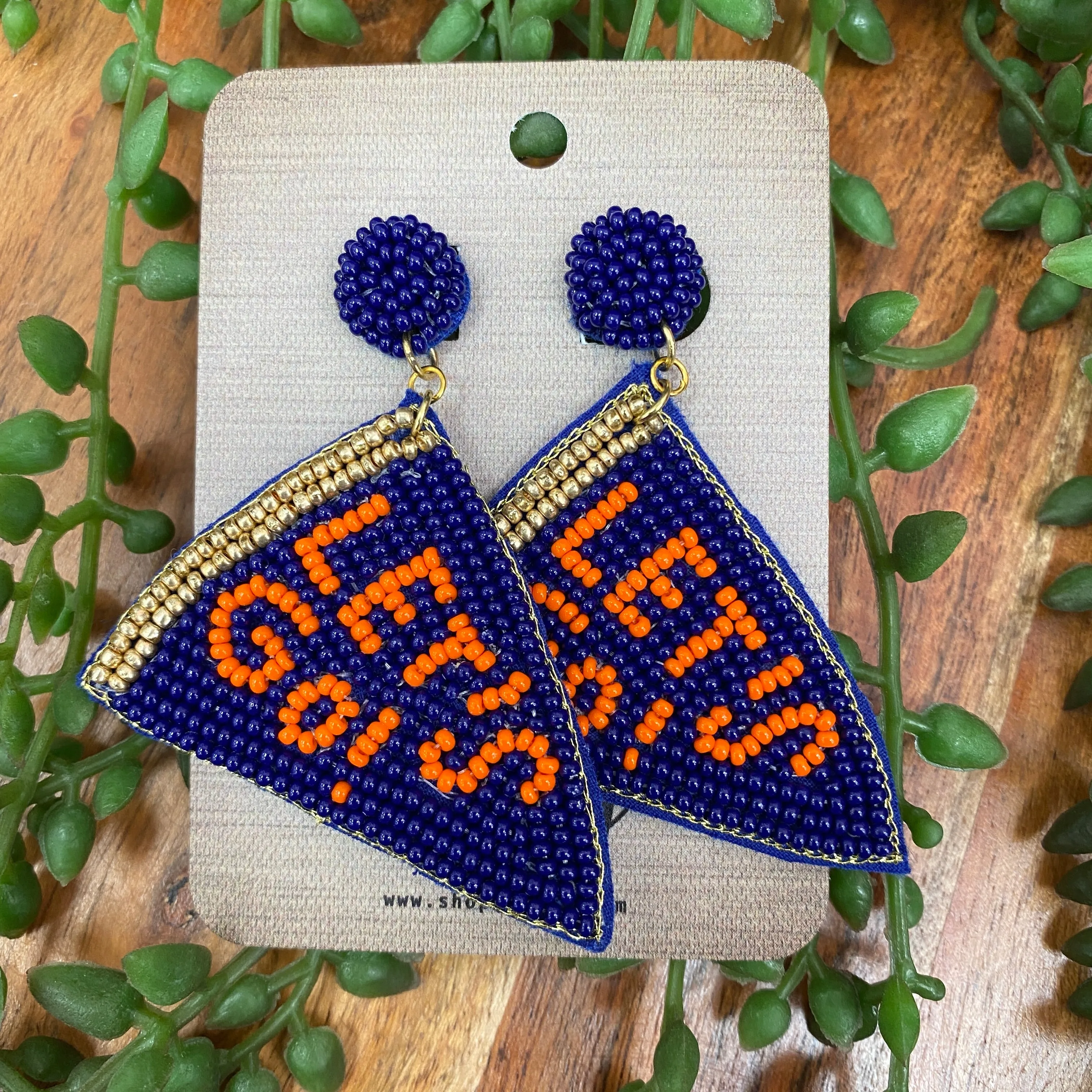 BLUE AND ORANGE LET’S GO BEADED EARRINGS