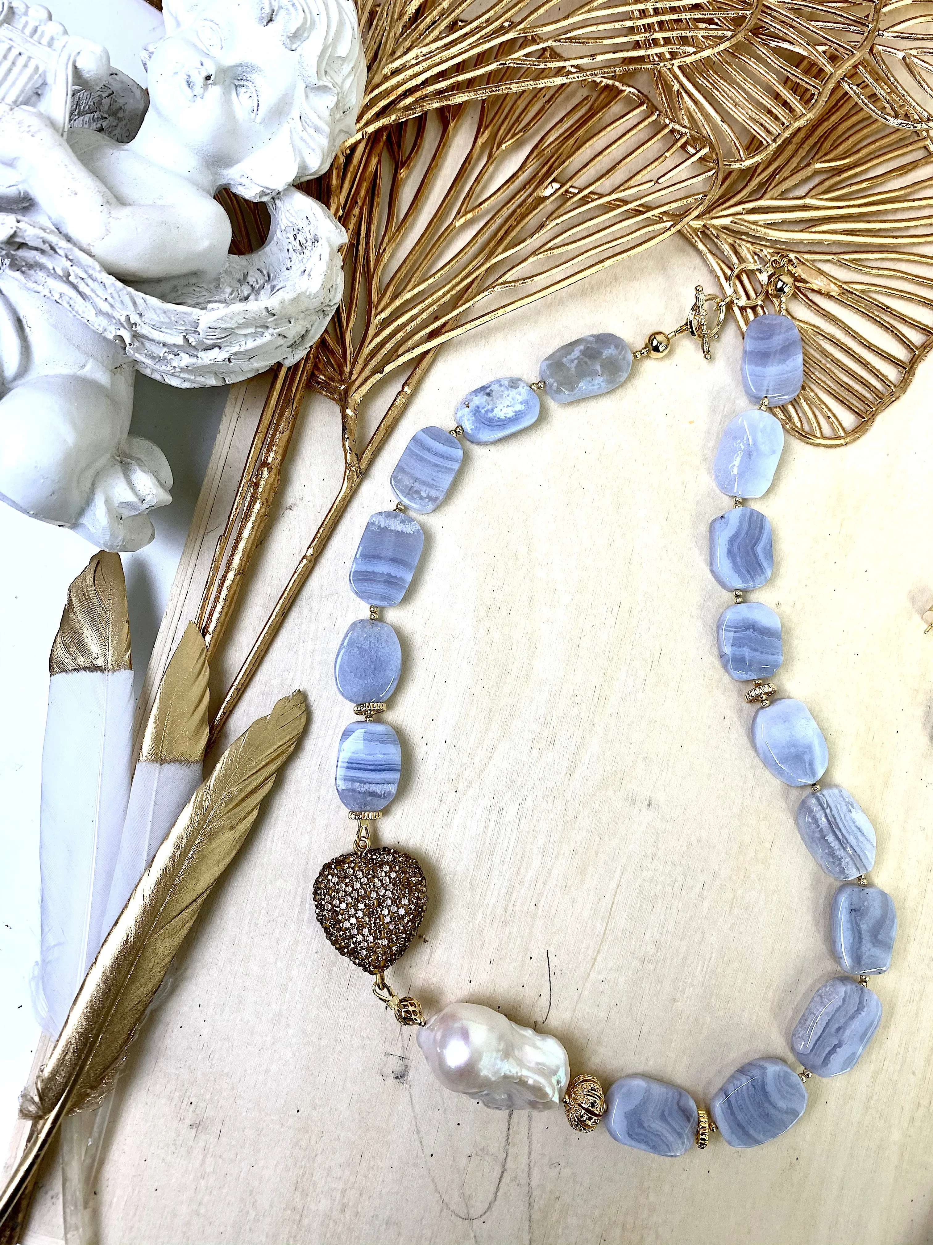 Blue Lace Agate Heart Charm Short Necklace EN007