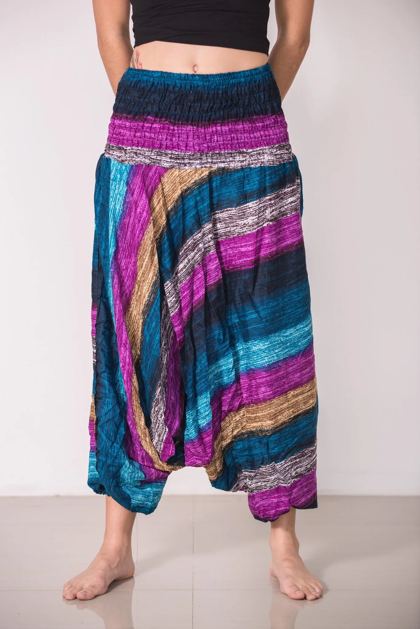 Boho Striped 2-in-1 Jumpsuit Harem Pants in Blue