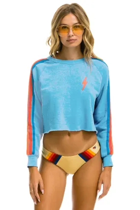 Bolt Embroidery Classic Cropped Crew Sweatshirt ~ Sky/Neon Rainbow Stripes