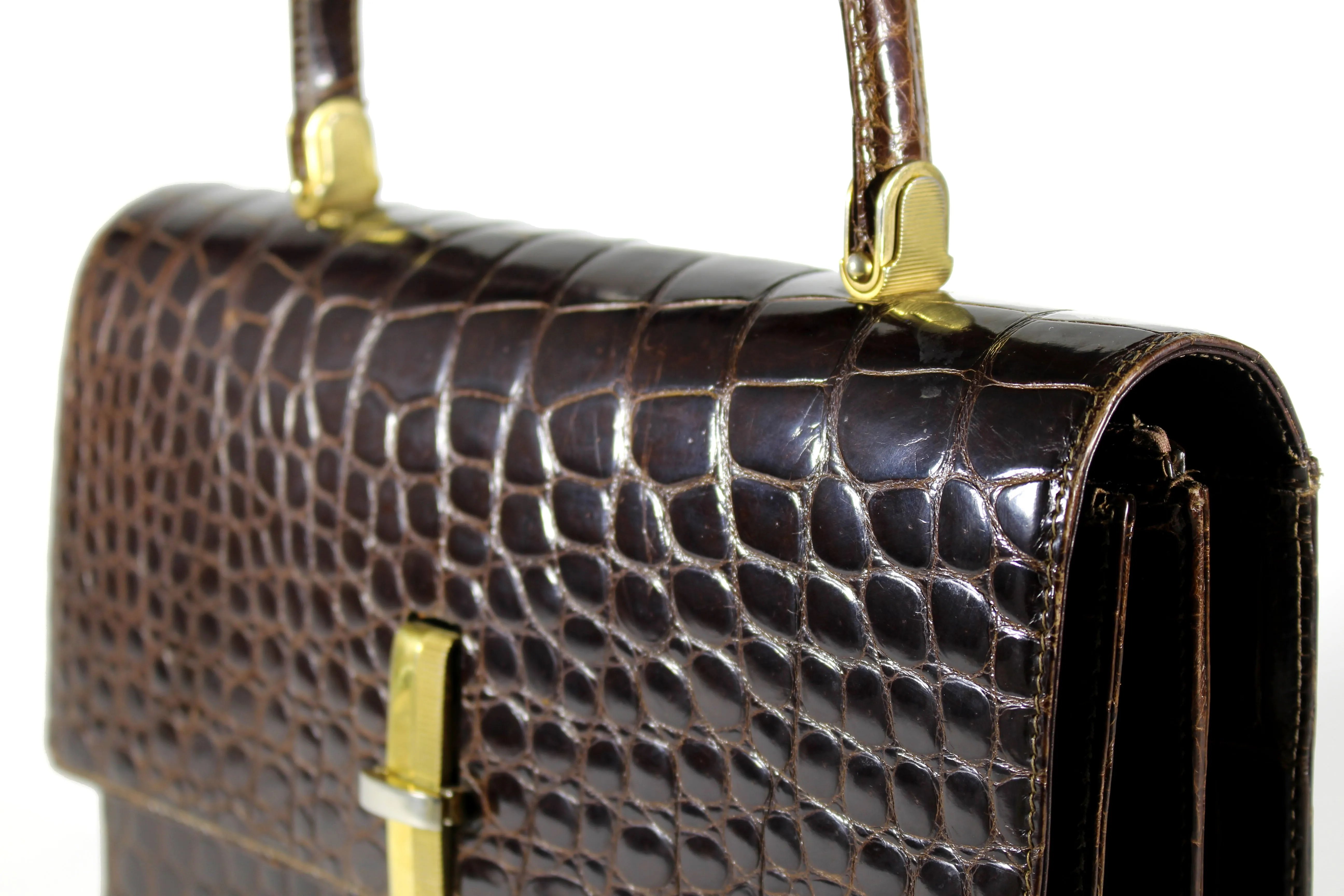 Brown crocodile skin with top handle XL handbag