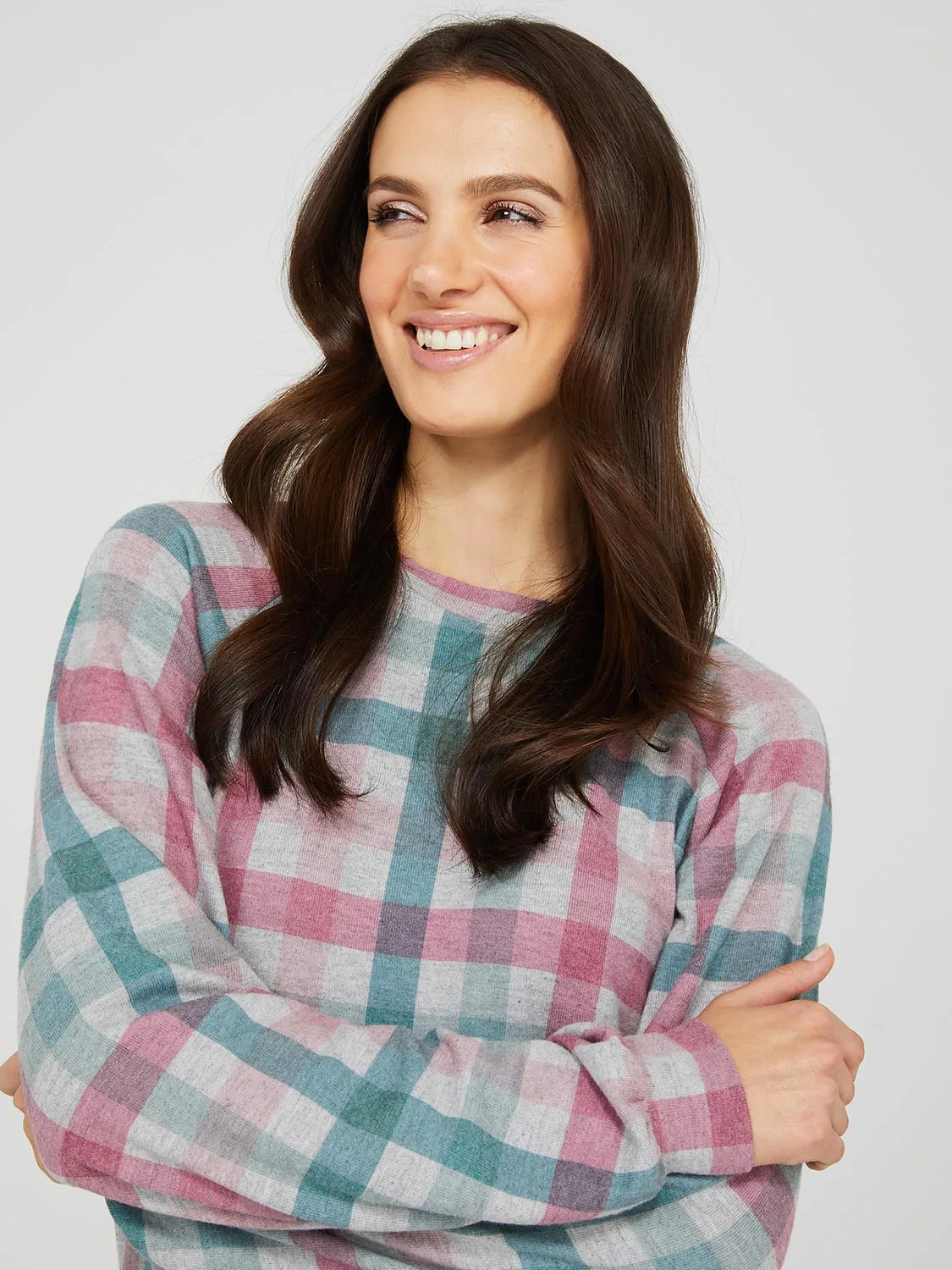 Brushed Plaid Print Crew Neck Sweatshirt