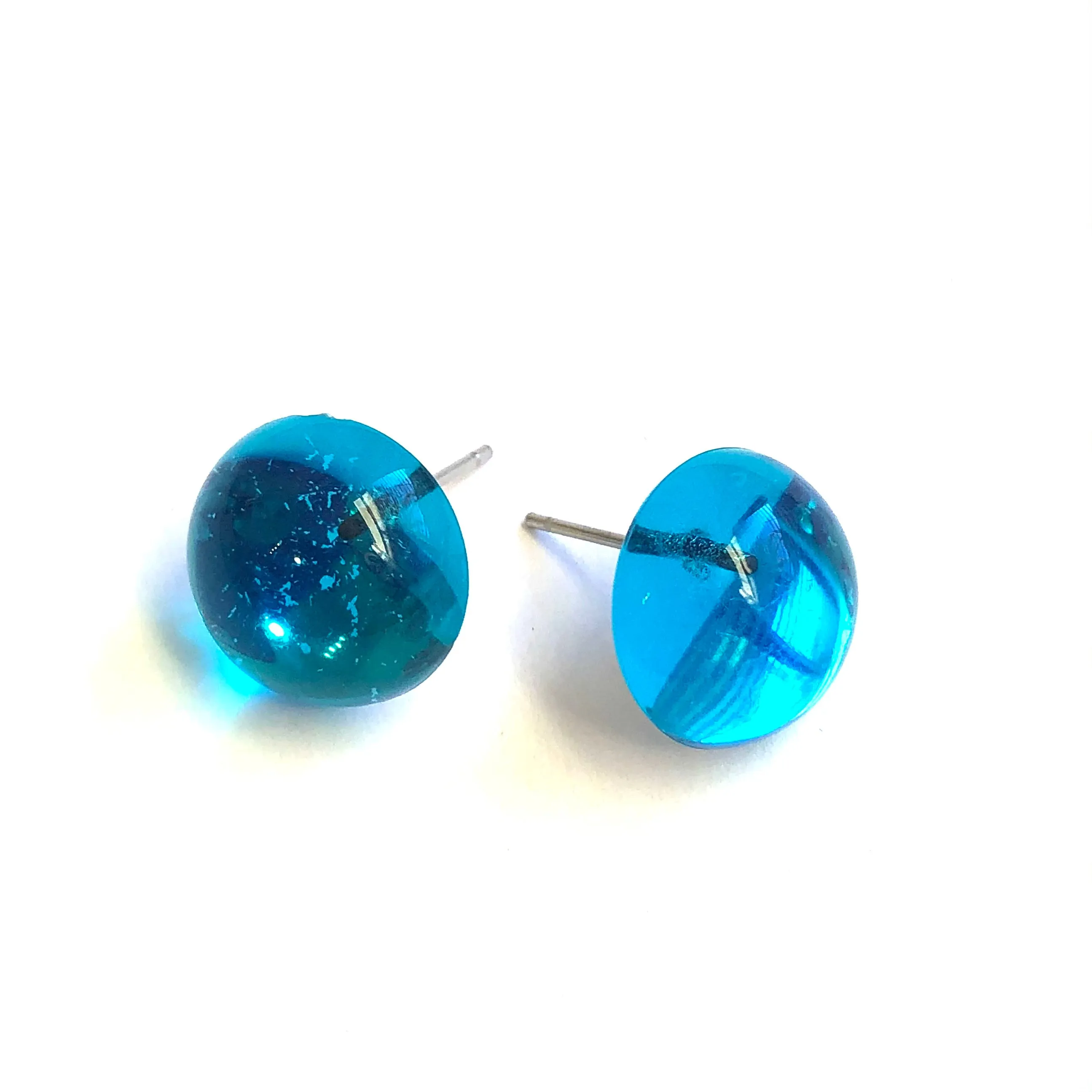 Capri Blue Foil Backed Lucite Retro Button Stud Earrings