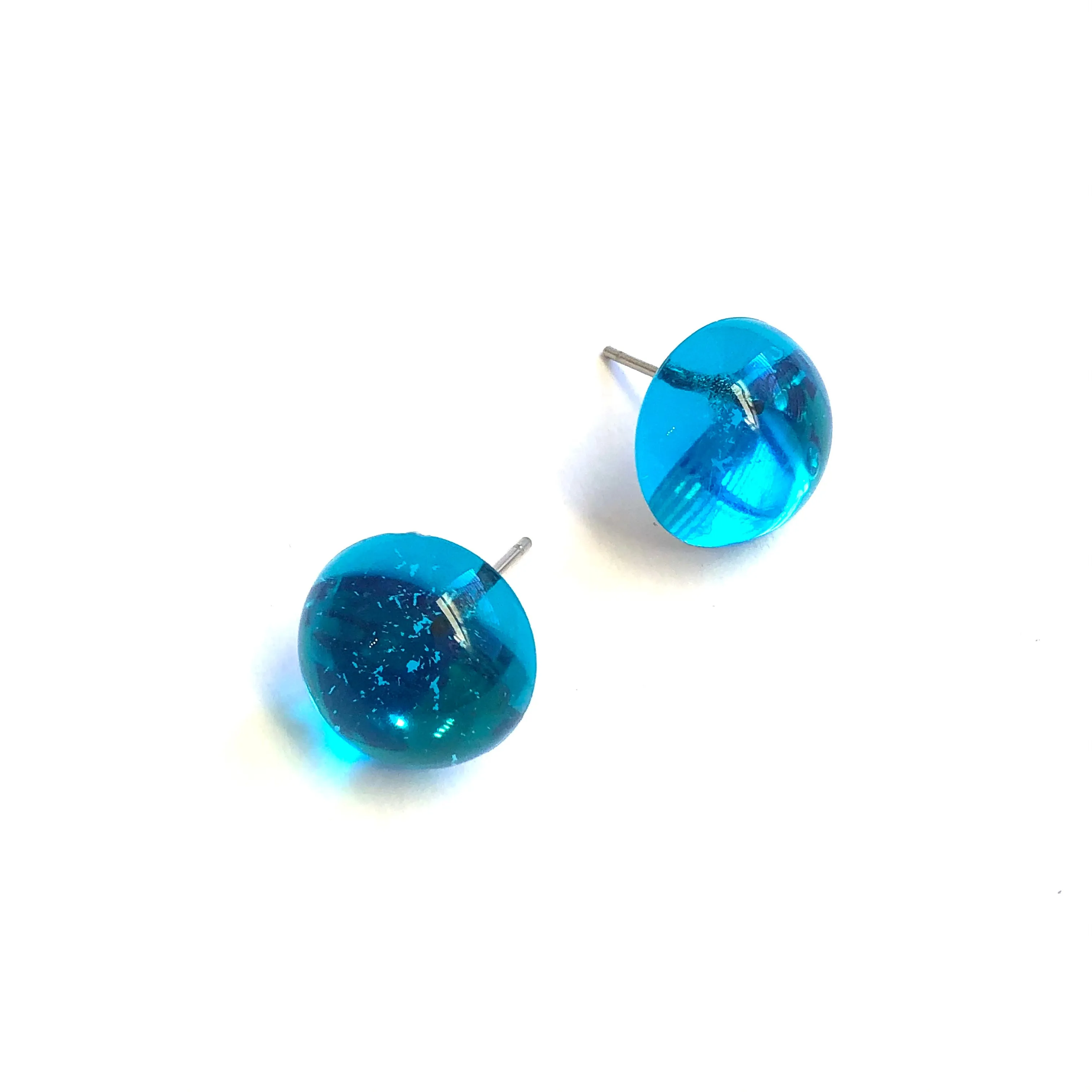 Capri Blue Foil Backed Lucite Retro Button Stud Earrings