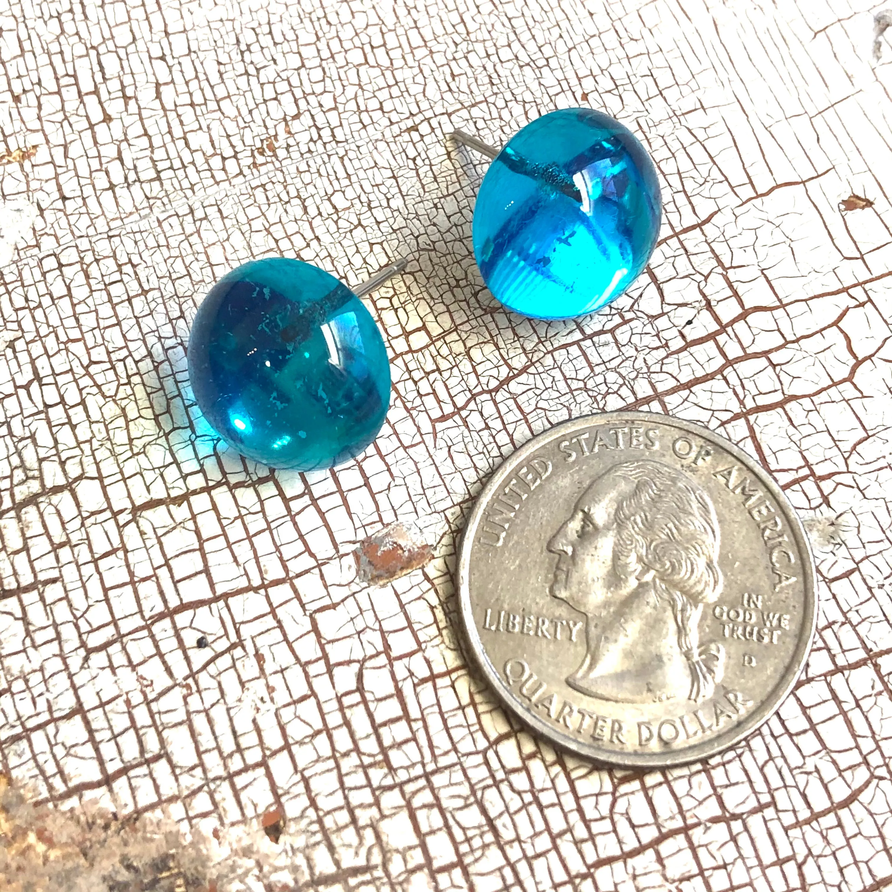 Capri Blue Foil Backed Lucite Retro Button Stud Earrings