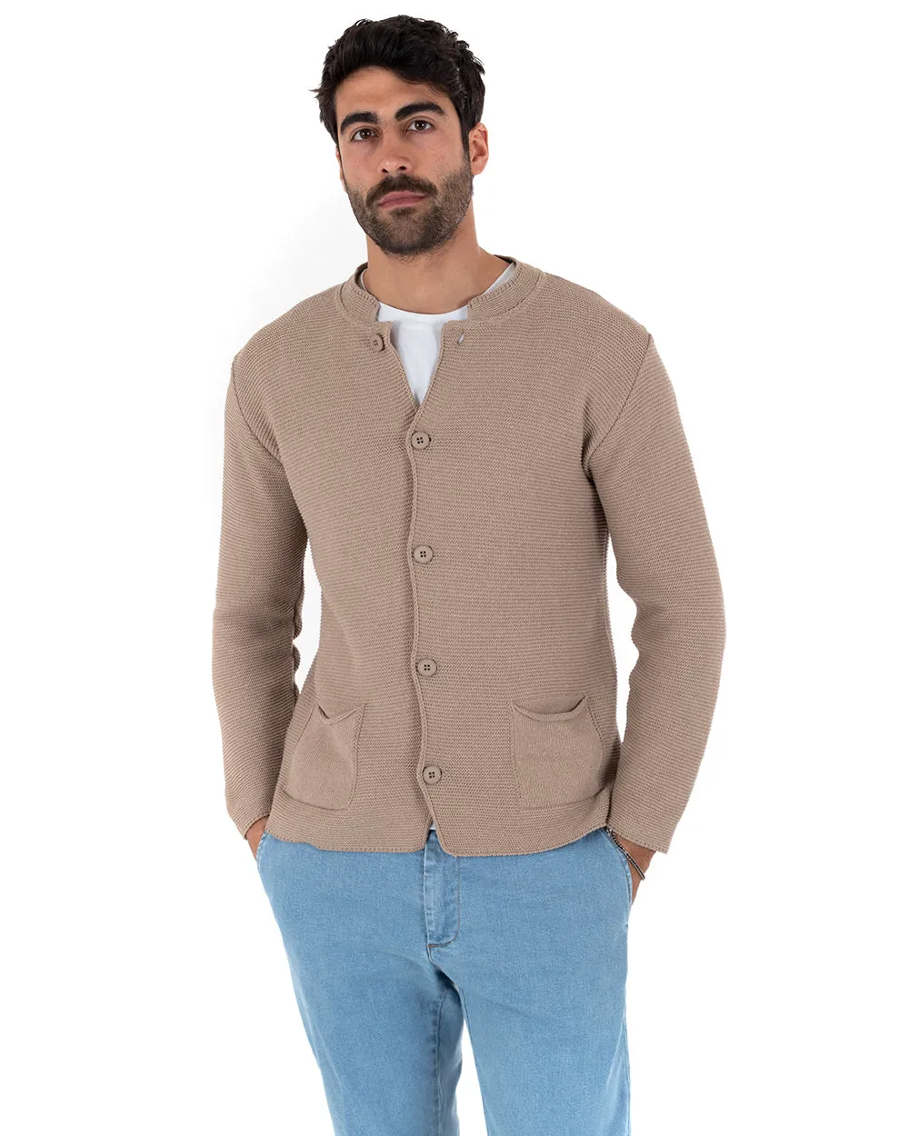 Cardigan Uomo Collo Coreano Maglioncino Monopetto Maglia Giacca Con Bottoni Beige GIOSAL-M2479A