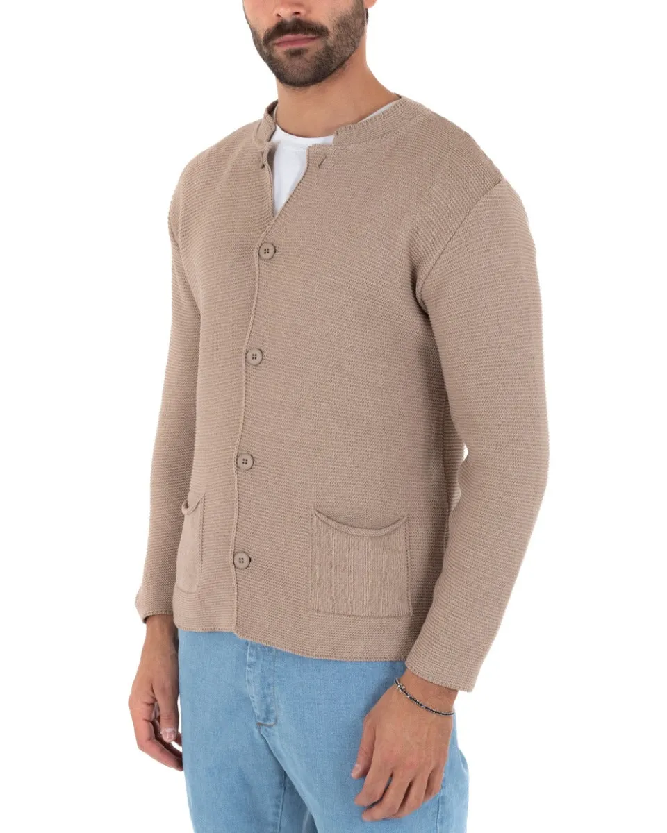 Cardigan Uomo Collo Coreano Maglioncino Monopetto Maglia Giacca Con Bottoni Beige GIOSAL-M2479A