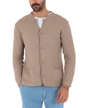 Cardigan Uomo Collo Coreano Maglioncino Monopetto Maglia Giacca Con Bottoni Beige GIOSAL-M2479A