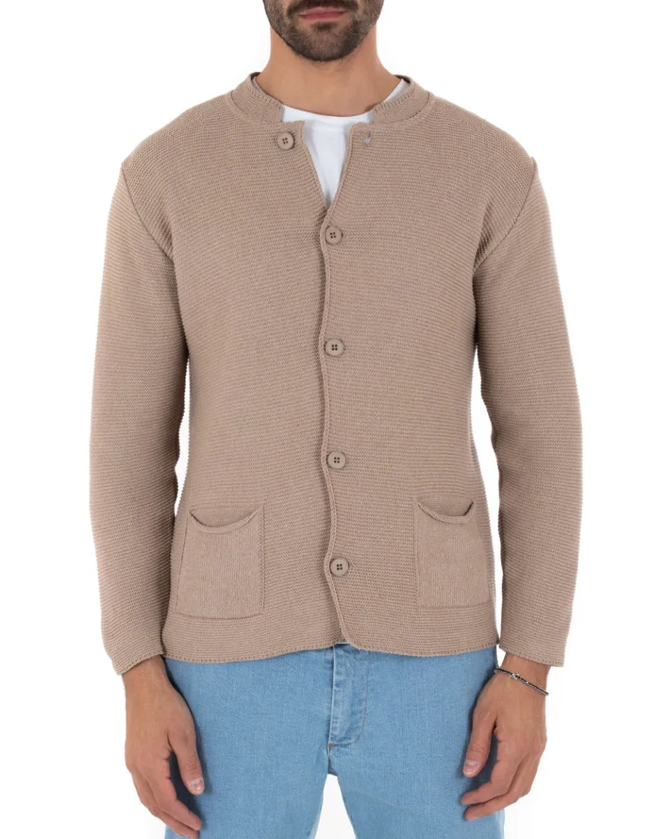 Cardigan Uomo Collo Coreano Maglioncino Monopetto Maglia Giacca Con Bottoni Beige GIOSAL-M2479A