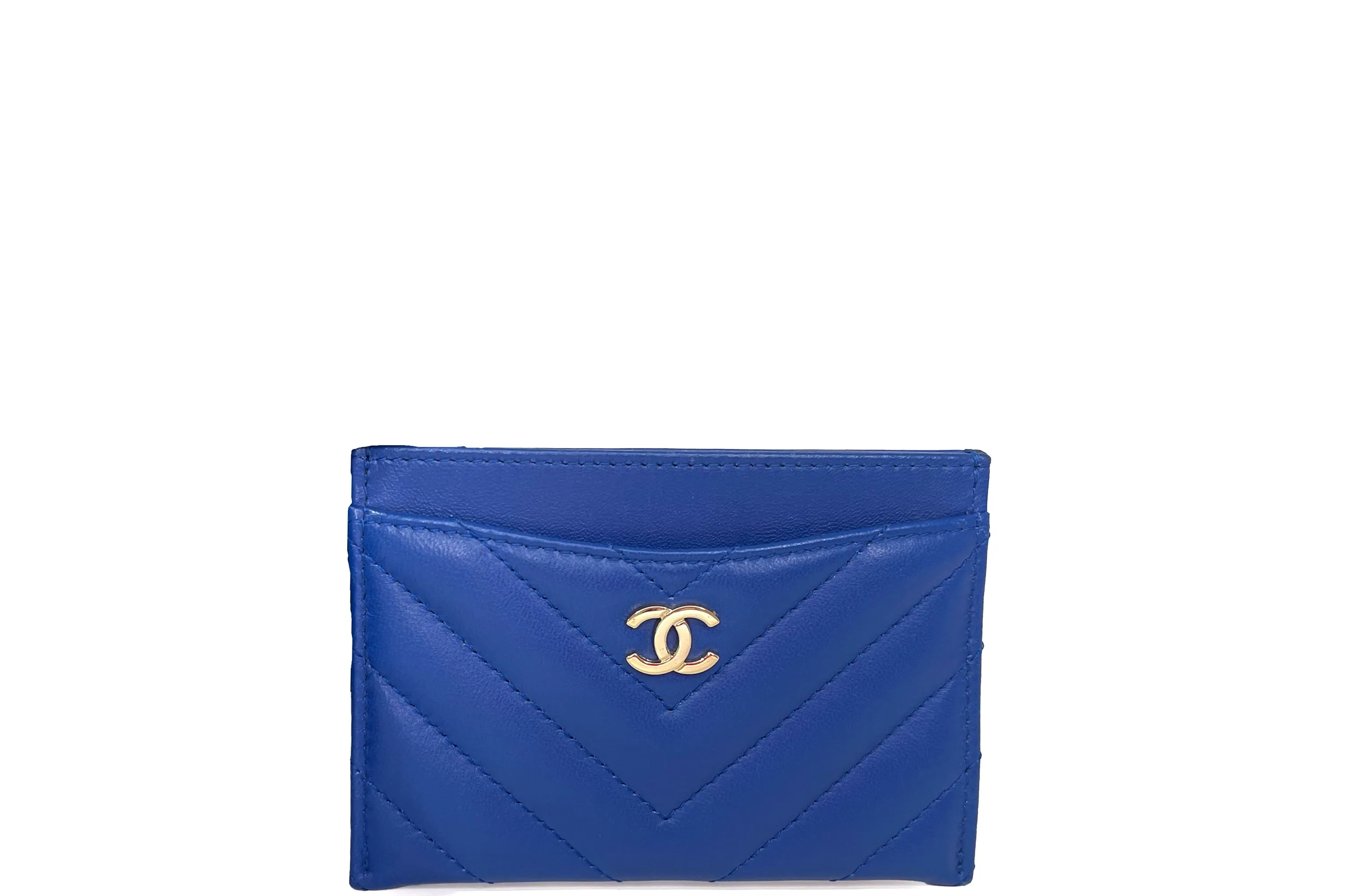 CHANEL BLUE CHEVRON LAMBSKIN CARD HOLDER (2716xxxx) LIGHT GOLD HARDWARE, WITH CARD & BOX