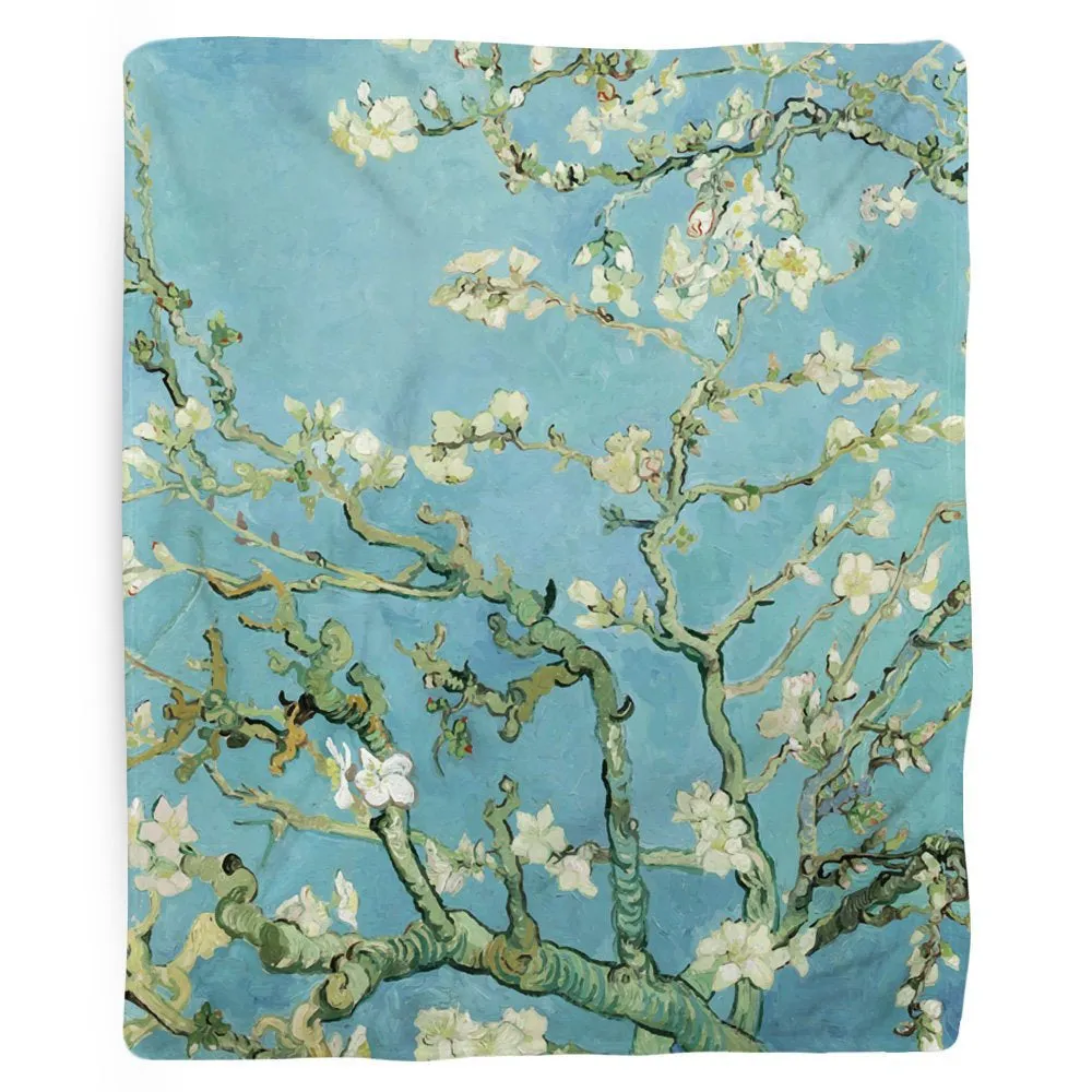 Classic Art Blanket, Flower Blanket, Fleece Throw, Tree Blanket, Van Gogh, Almond Blossoms, Hippie Decor, Flower Home Decor, Blue Fabric