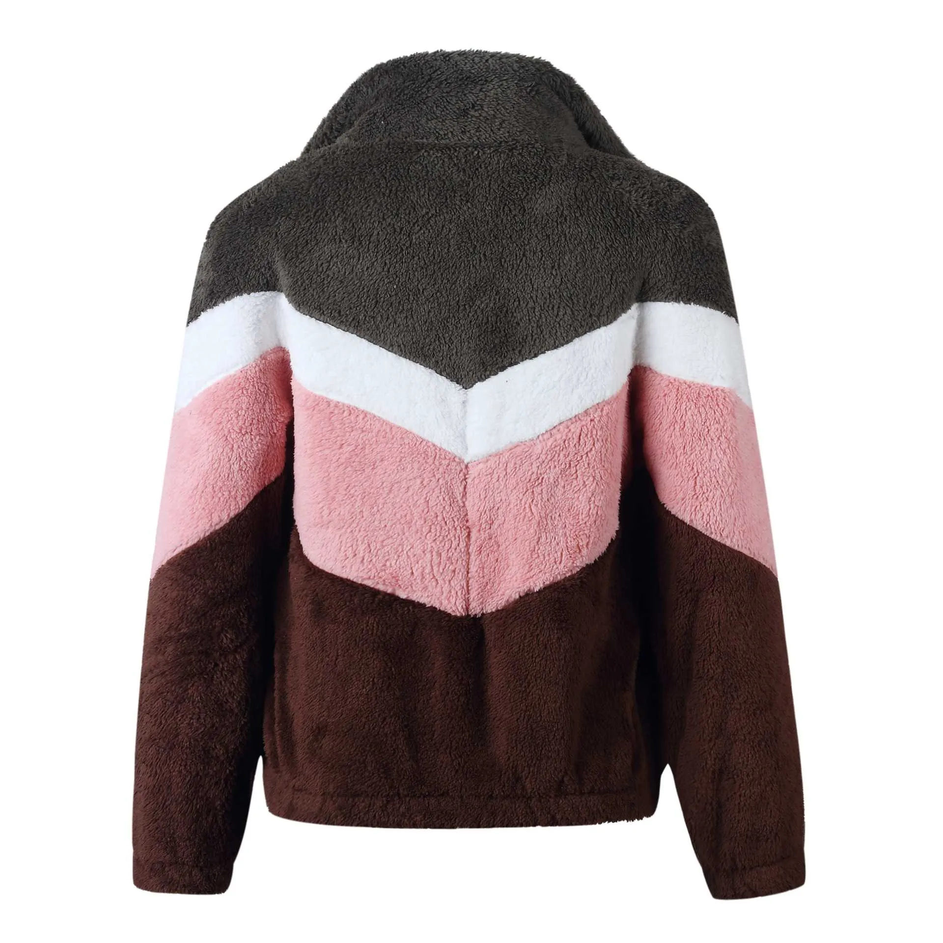 Colorblock Rainbow Chevron Fuzzy Faux Fur Jacket