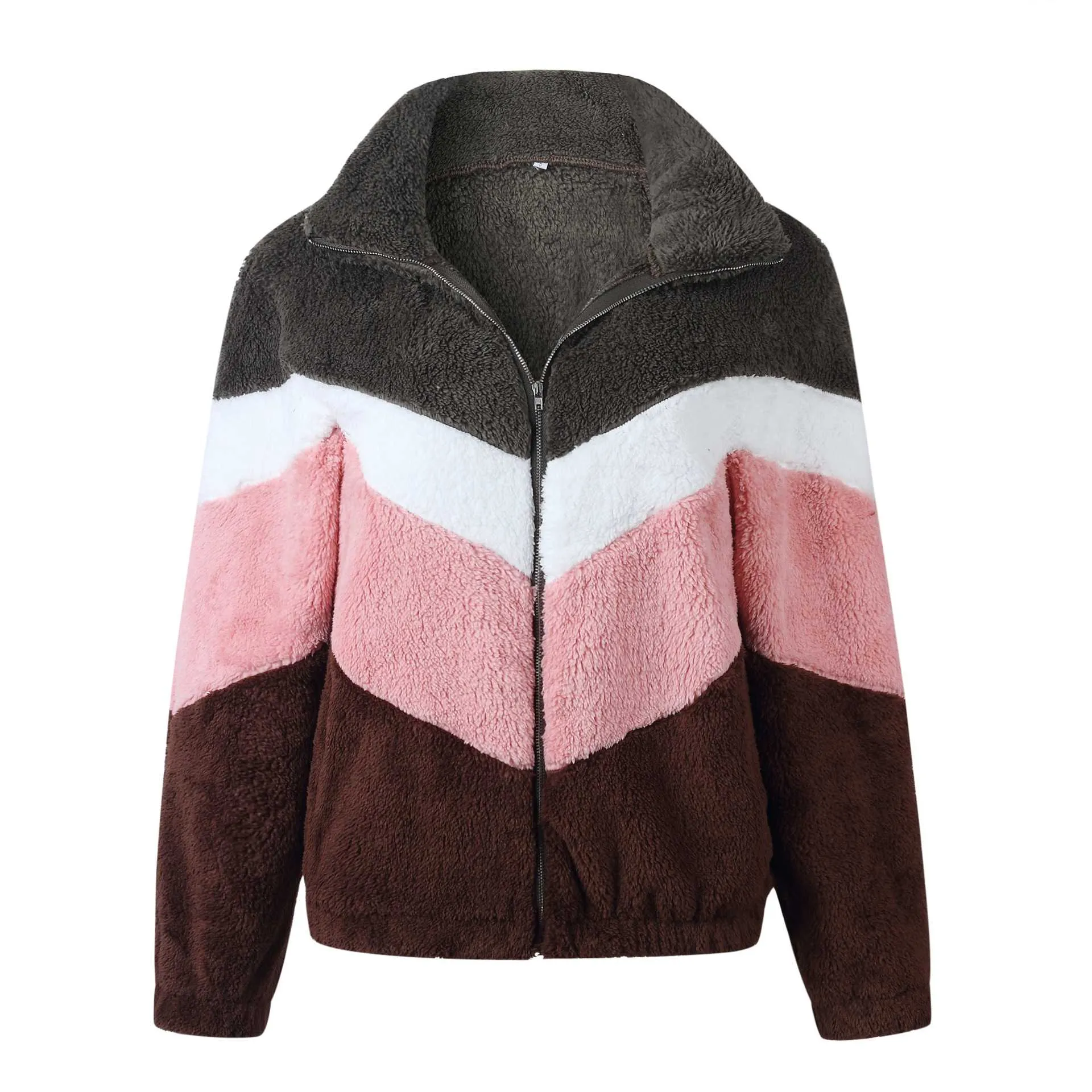 Colorblock Rainbow Chevron Fuzzy Faux Fur Jacket