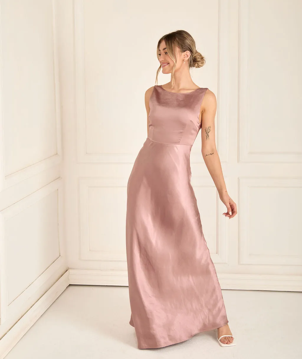 Cowl Back Satin Bridesmaid Dress - Rose