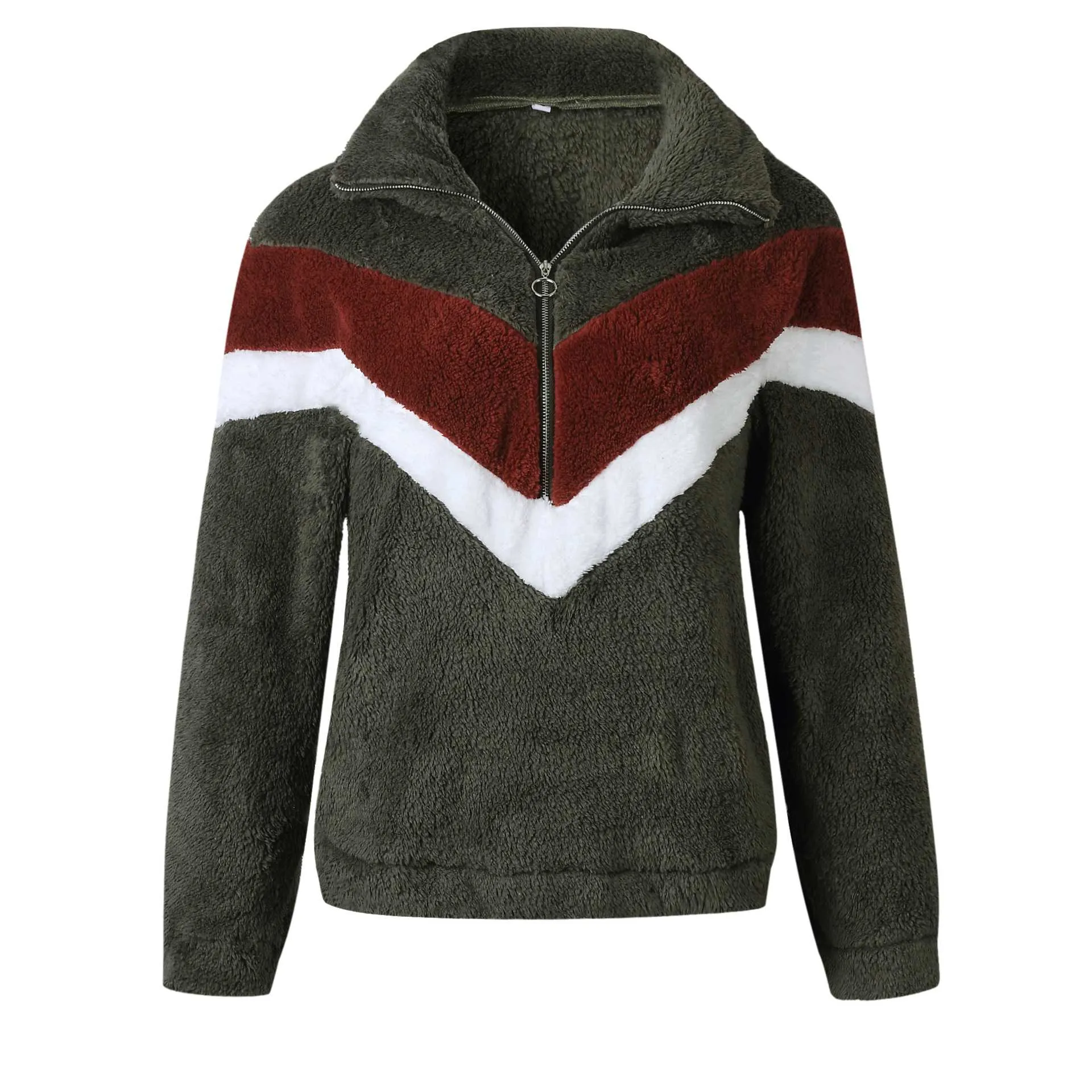 Cozy Colorblock Chevron Half Zip Faux Fur Sweatshirt Sherpa Pullover Jacket