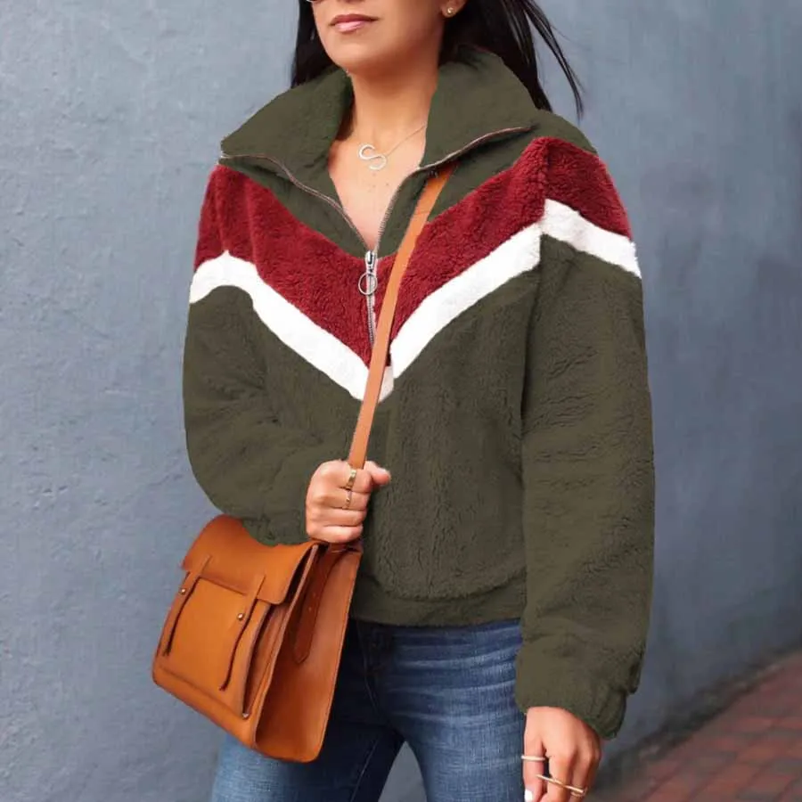 Cozy Colorblock Chevron Half Zip Faux Fur Sweatshirt Sherpa Pullover Jacket