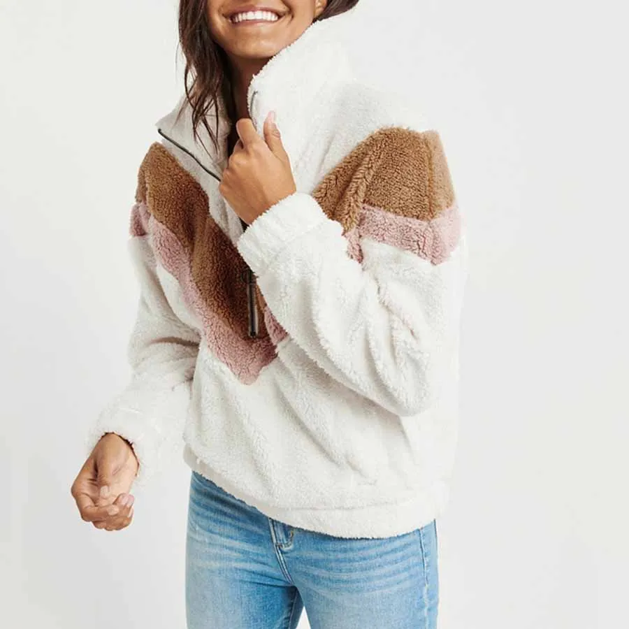 Cozy Colorblock Chevron Half Zip Faux Fur Sweatshirt Sherpa Pullover Jacket