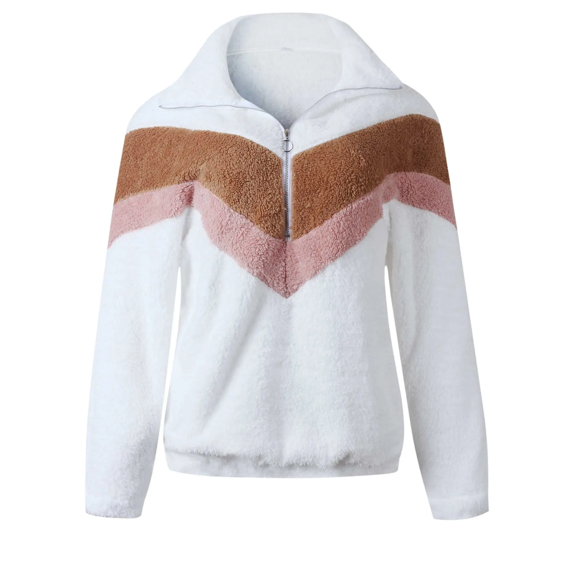 Cozy Colorblock Chevron Half Zip Faux Fur Sweatshirt Sherpa Pullover Jacket