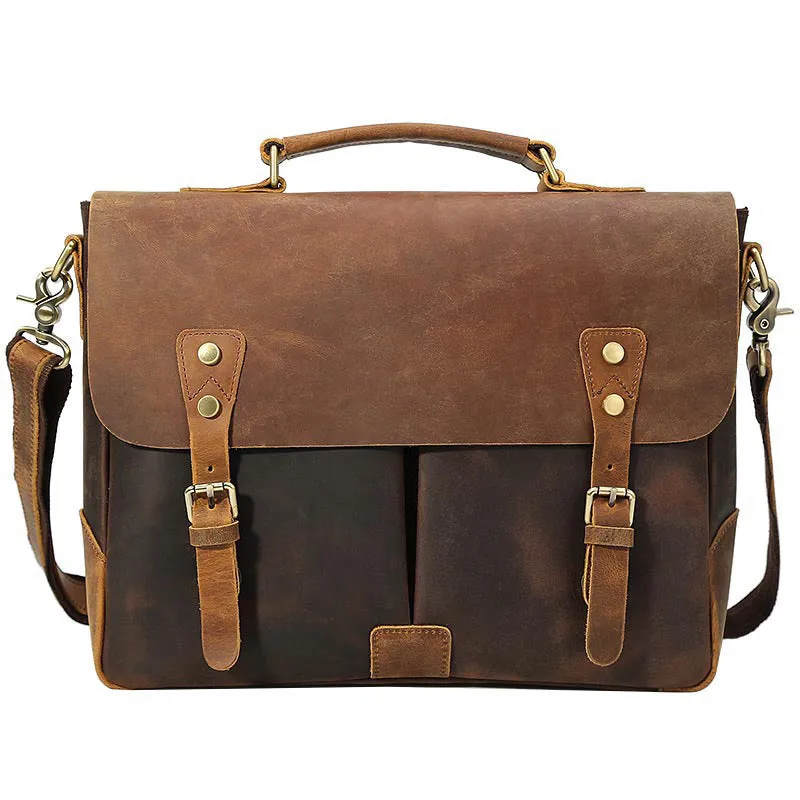 Crazy Horse Leather Men Briefcase Vintage Messenger Bag Tote Bag Men Satchel