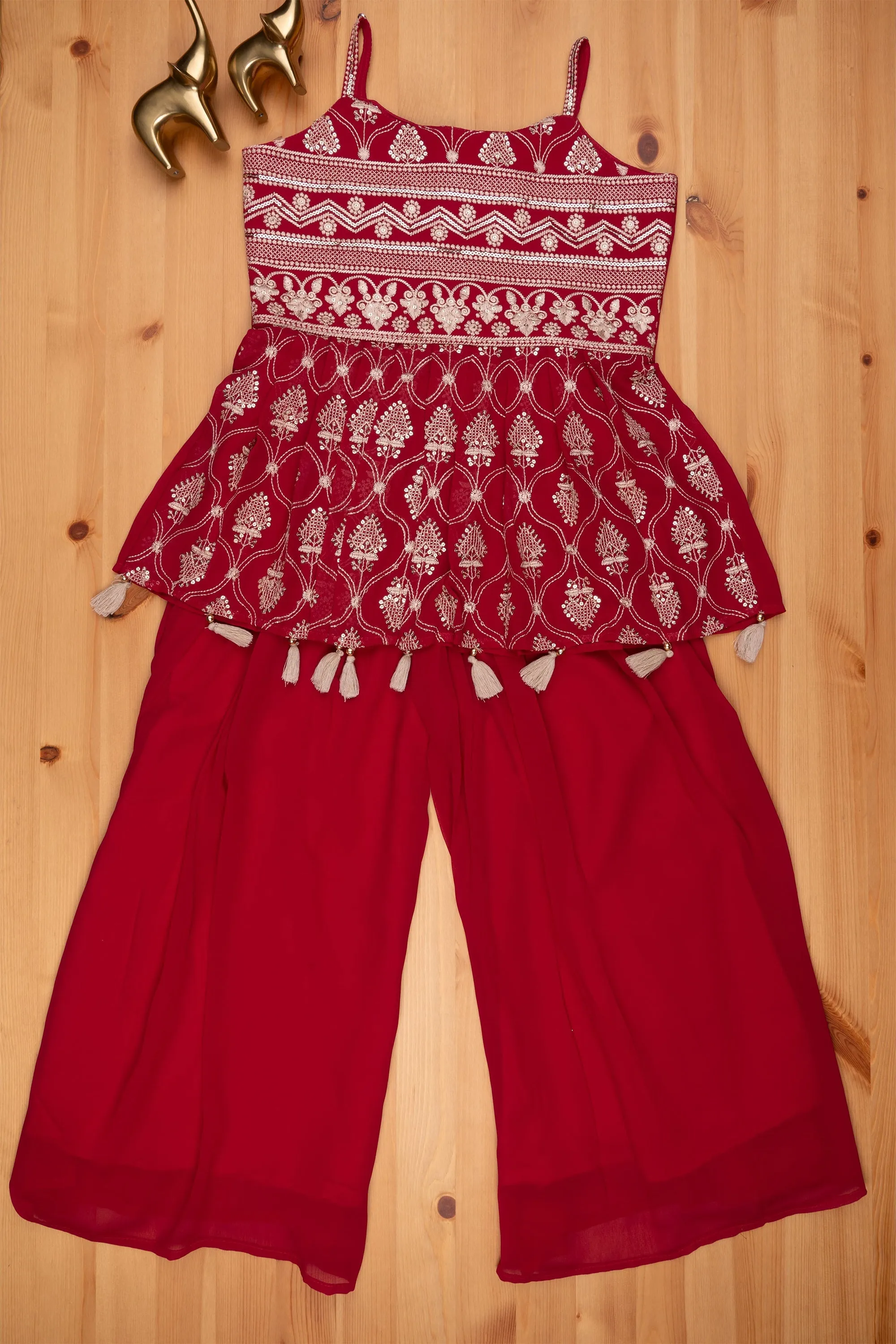 Dazzling Glitter Sequin Embroidered Maroon Kurti paired with Palazzo and Overcoat Festive Glamour for Girls