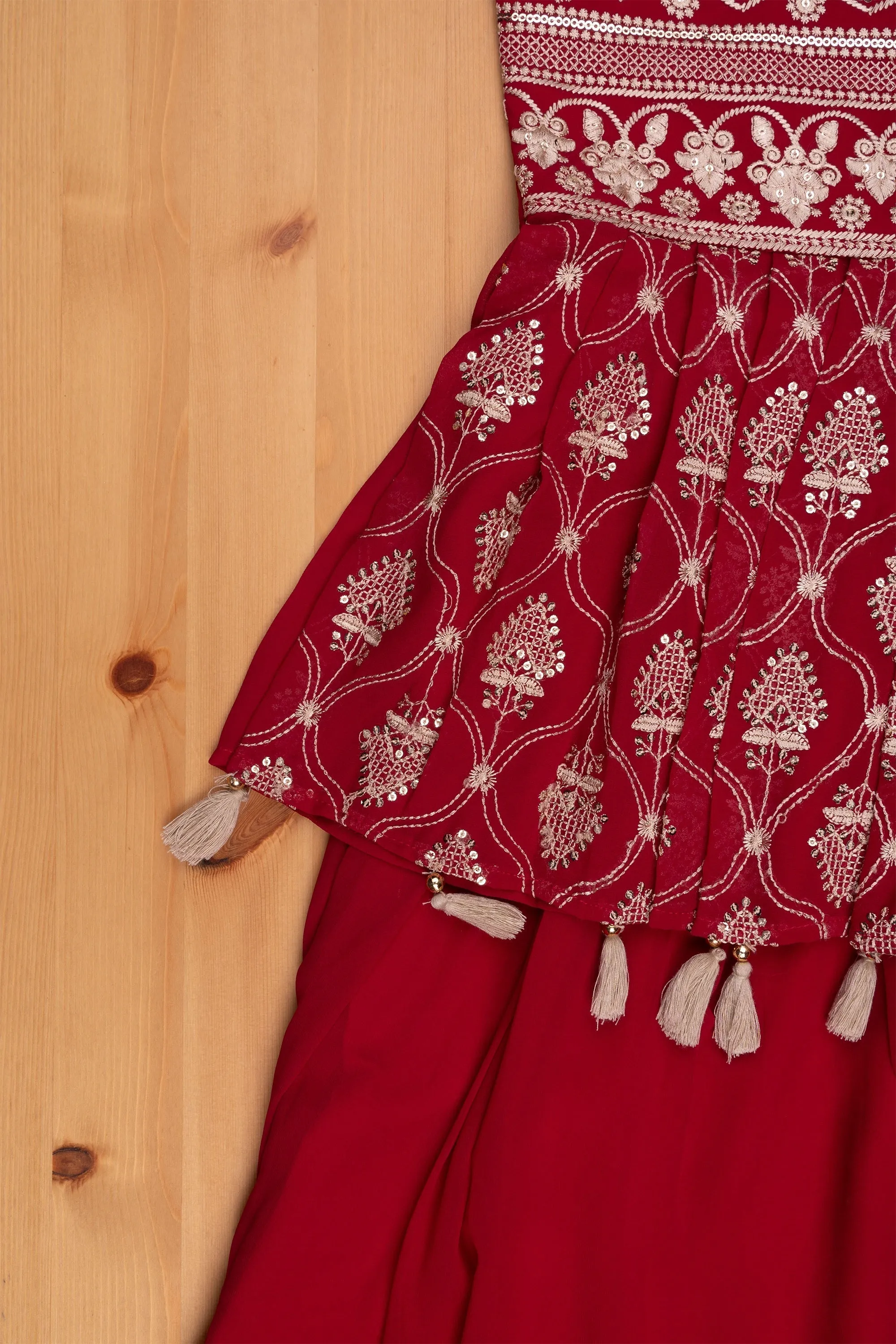 Dazzling Glitter Sequin Embroidered Maroon Kurti paired with Palazzo and Overcoat Festive Glamour for Girls