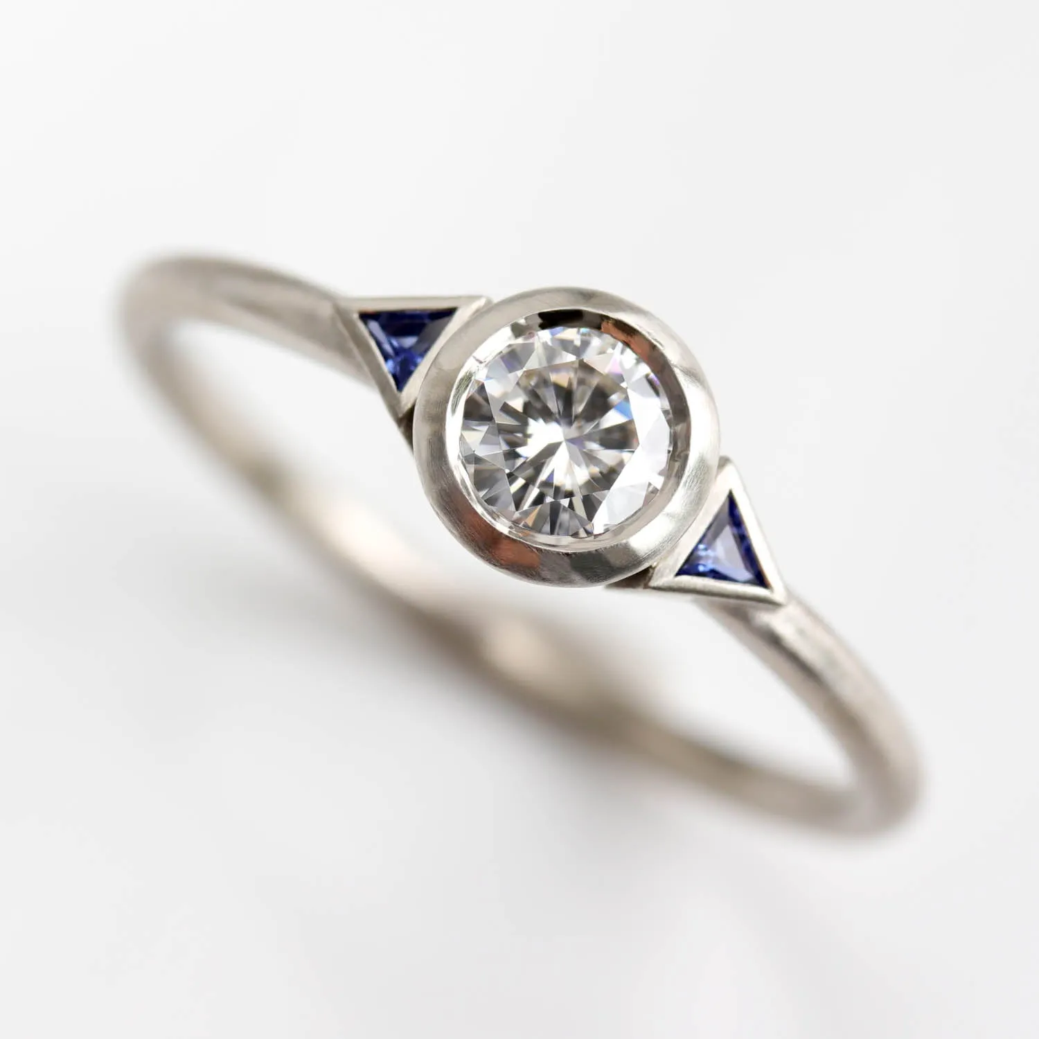 Deco Three Stone Ring with Chatham Lab-grown Light Blue Sapphire accent stones