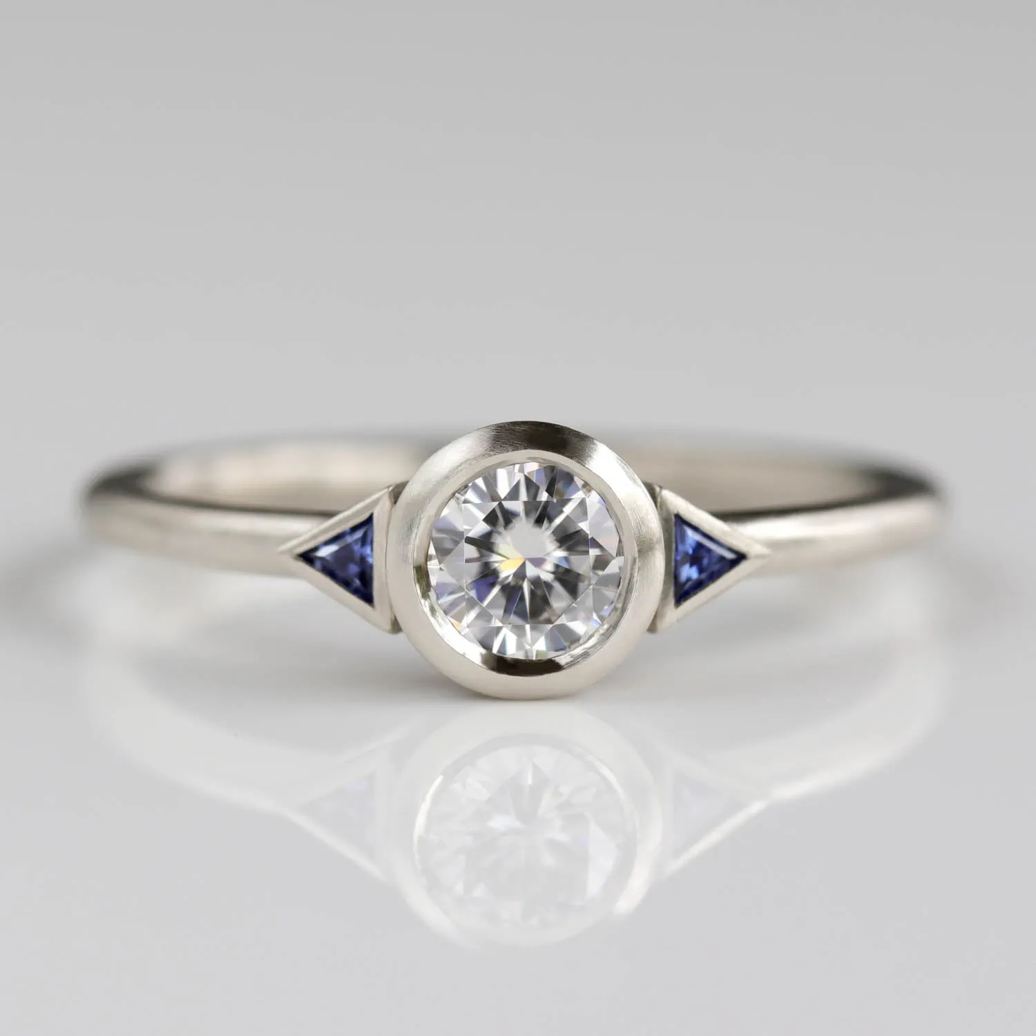 Deco Three Stone Ring with Chatham Lab-grown Light Blue Sapphire accent stones