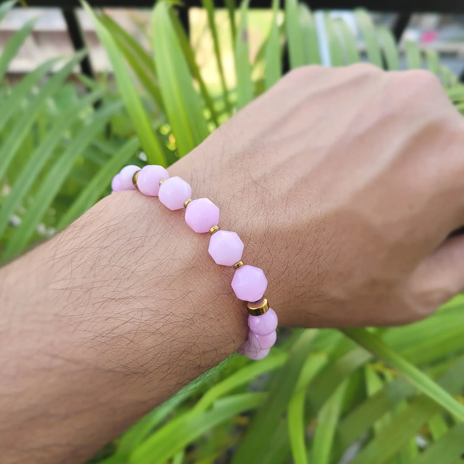 Diamond Cut Kunzite With Golden Hematite Natural Stone Bracelet