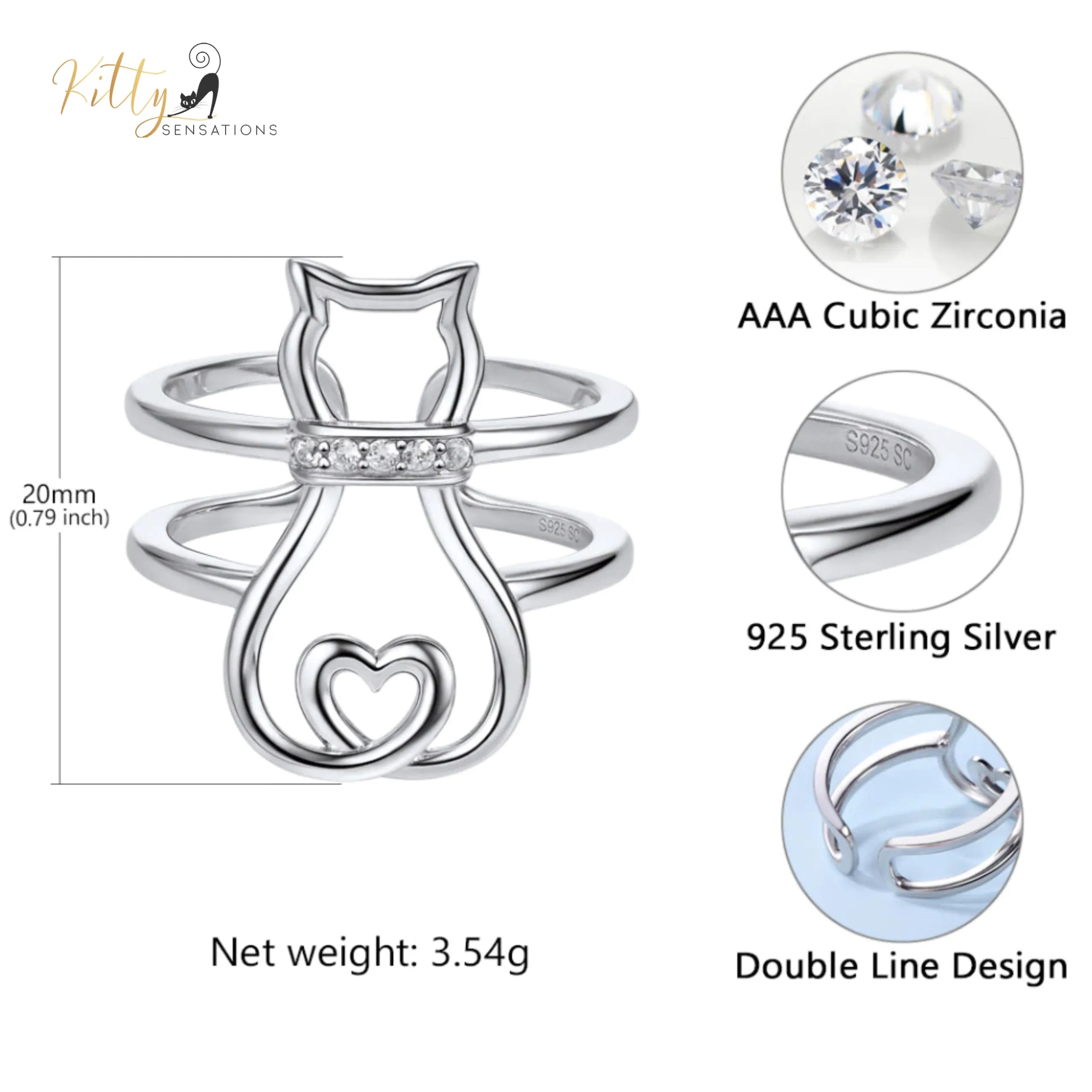 Doodle Cat with CZ Collar Double Band Ring in Solid 925 Sterling Silver - Adjustable