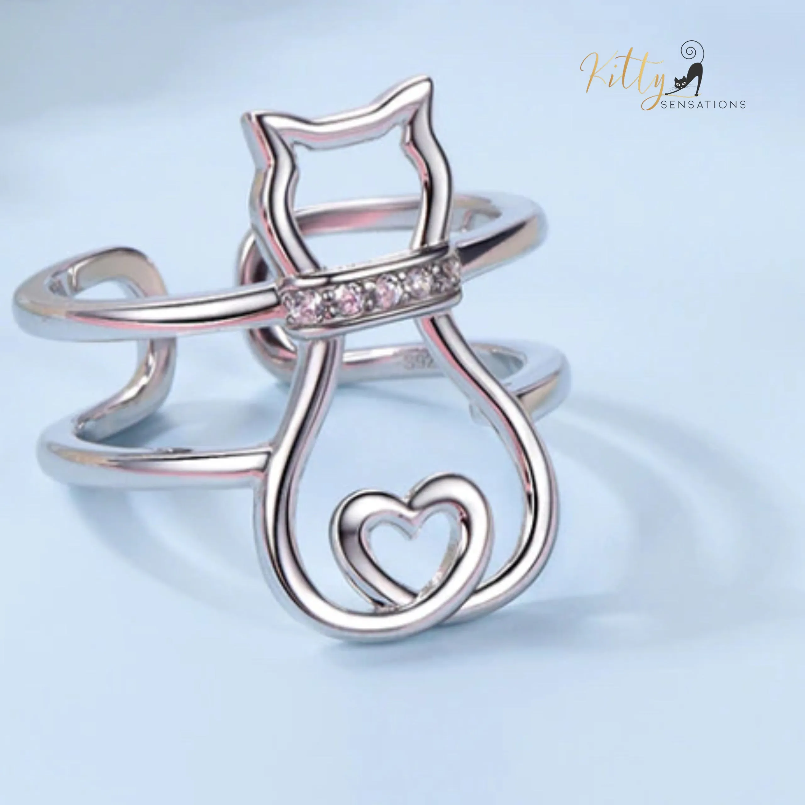 Doodle Cat with CZ Collar Double Band Ring in Solid 925 Sterling Silver - Adjustable