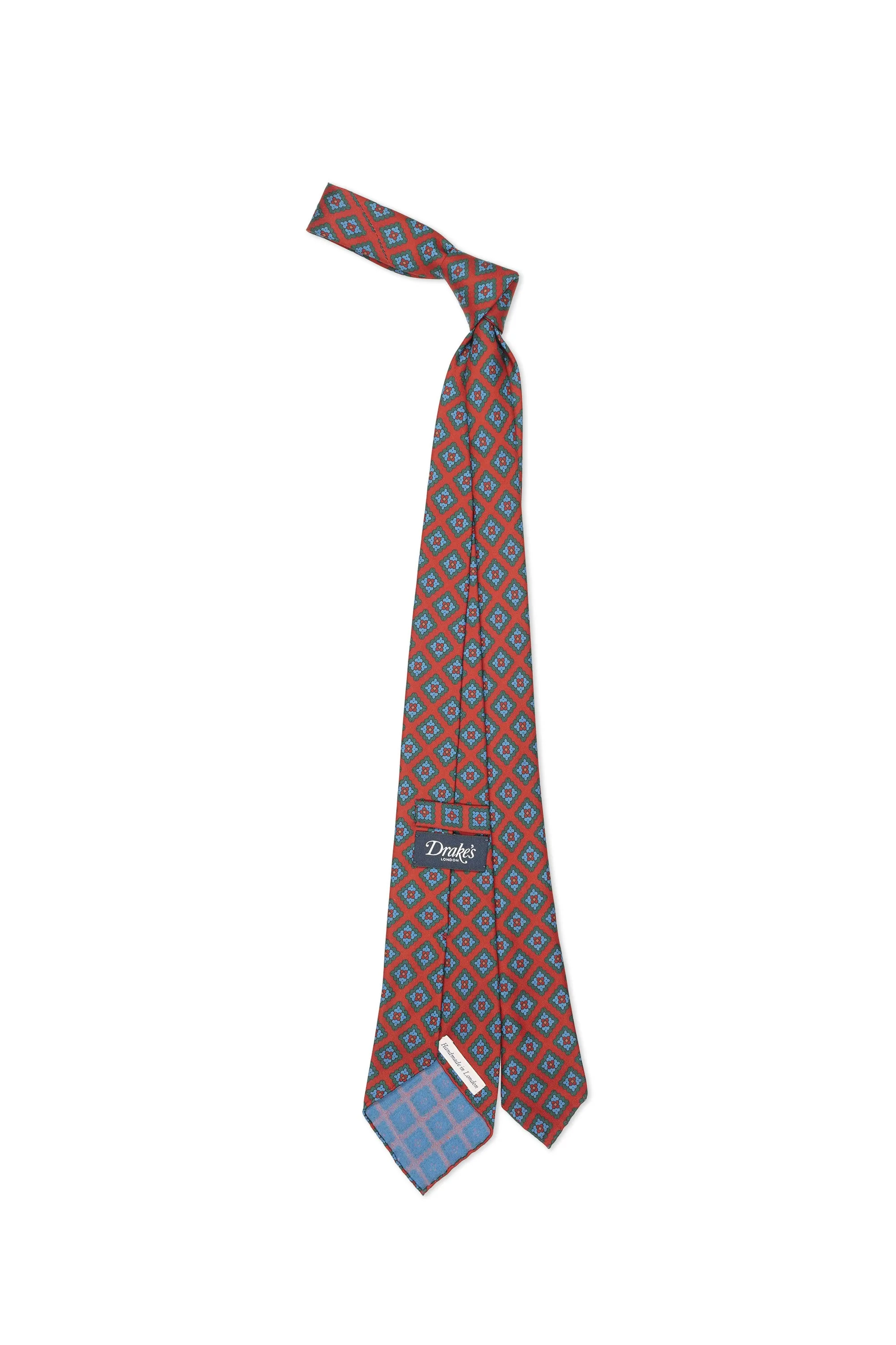 Drake's Red with Green/Blue Flower Pattern Silk Tie