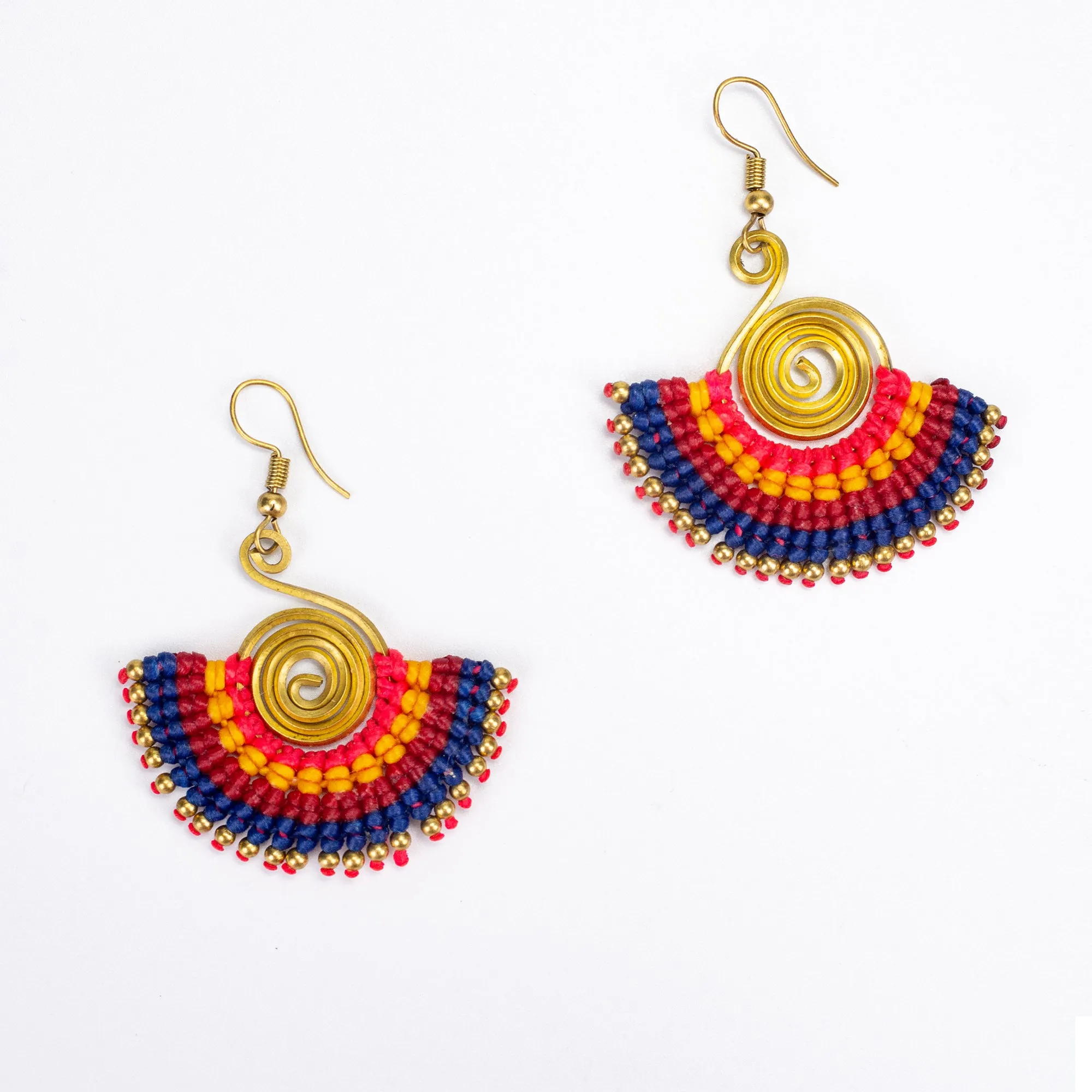 Fan Navy Red Waxed String Spiral Brass Earrings