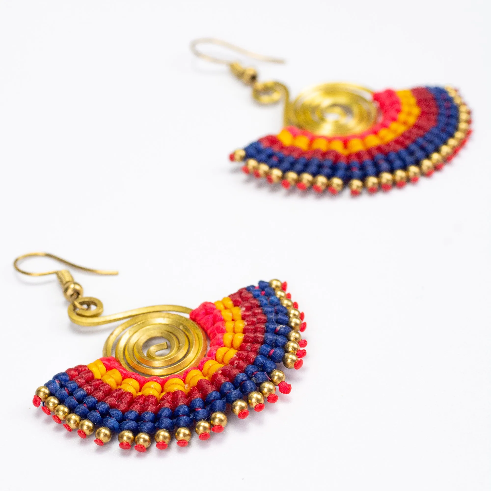 Fan Navy Red Waxed String Spiral Brass Earrings