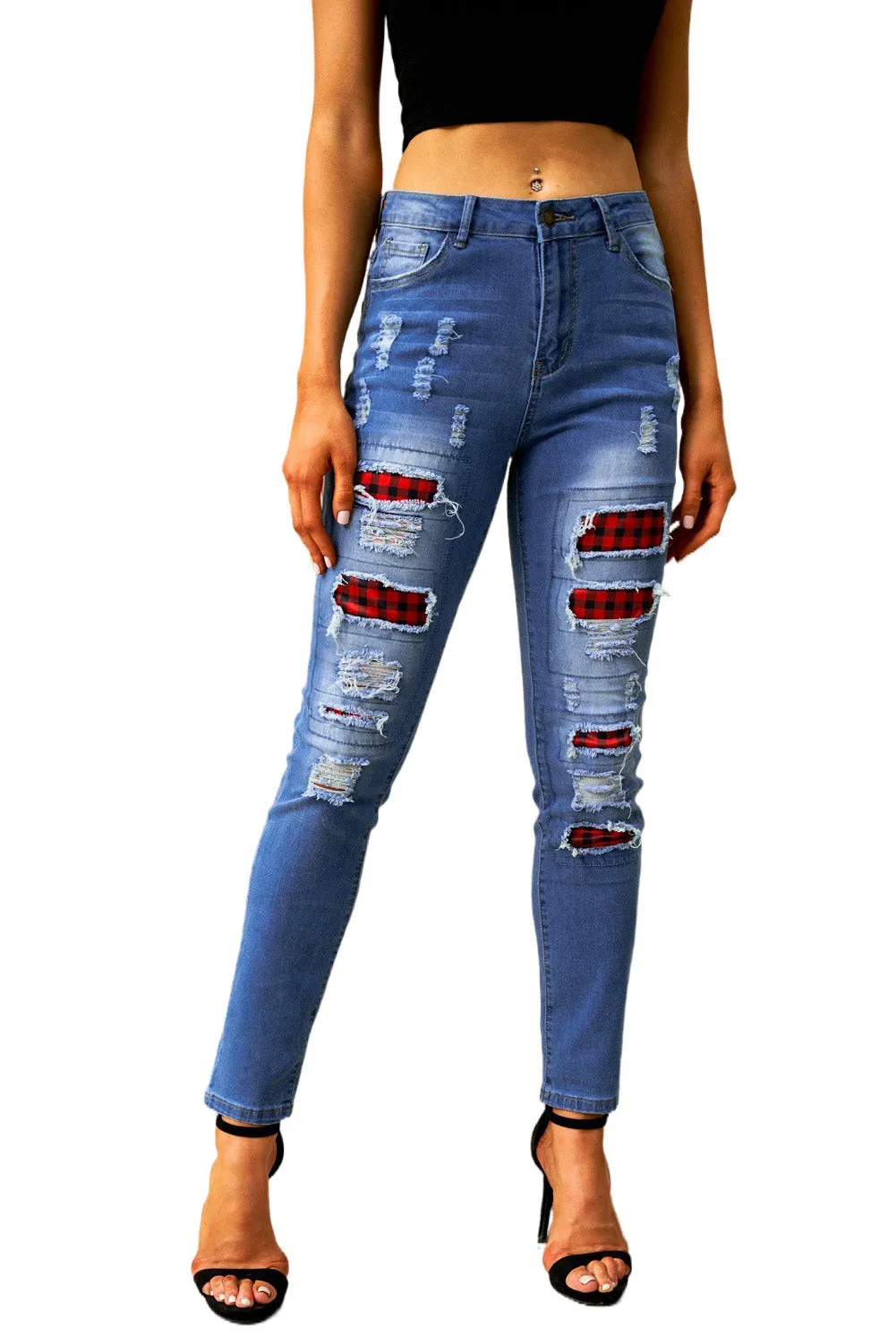 Fashion Blue Ripped Plaid Straight Legs Boyfriend Jeans