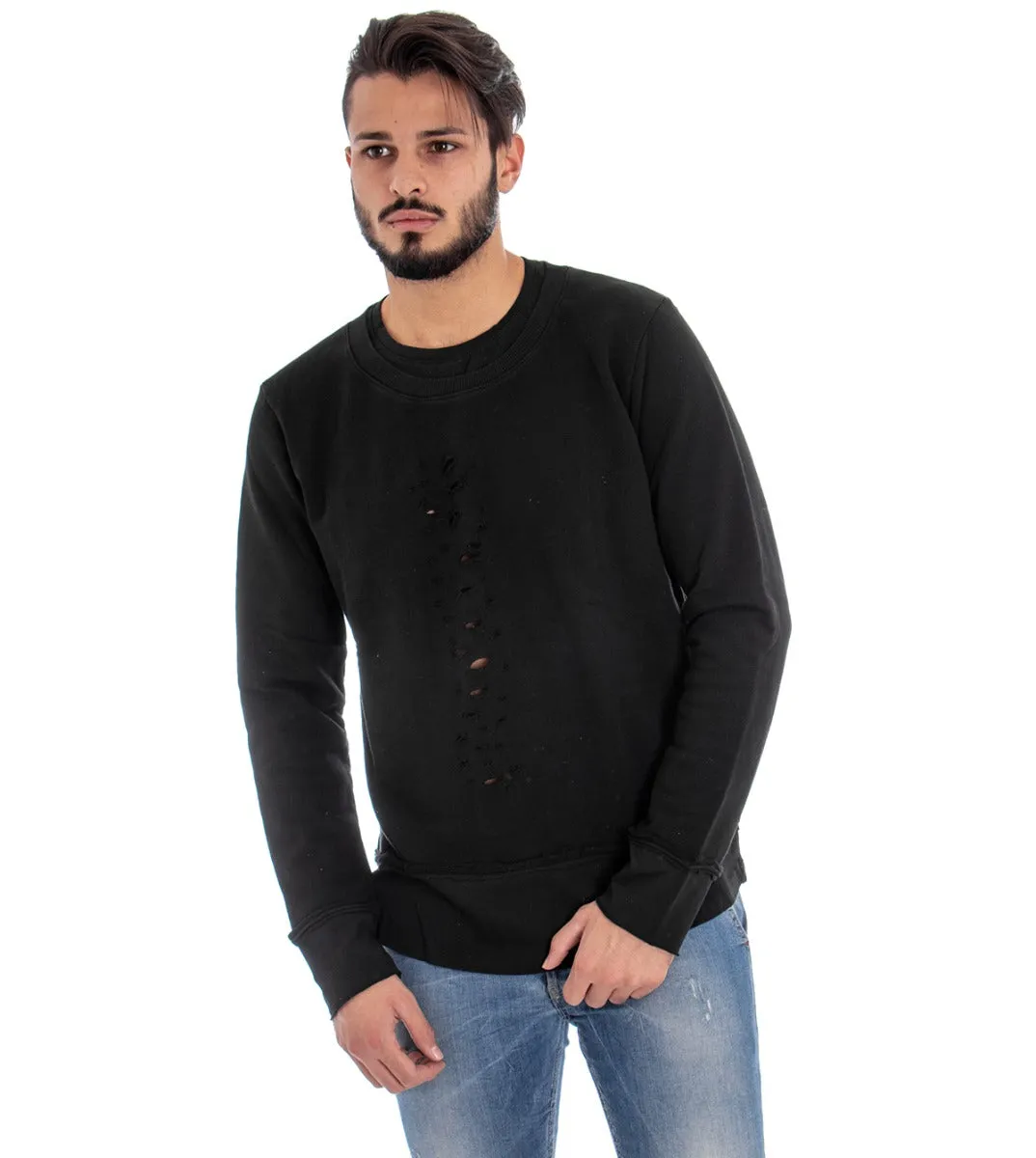 Felpa Uomo Girocollo Maglia Con Rotture Tinta Unita Nero Regular Fit GIOSAL-F2161A