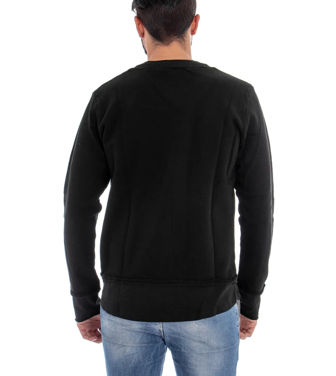 Felpa Uomo Girocollo Maglia Con Rotture Tinta Unita Nero Regular Fit GIOSAL-F2161A