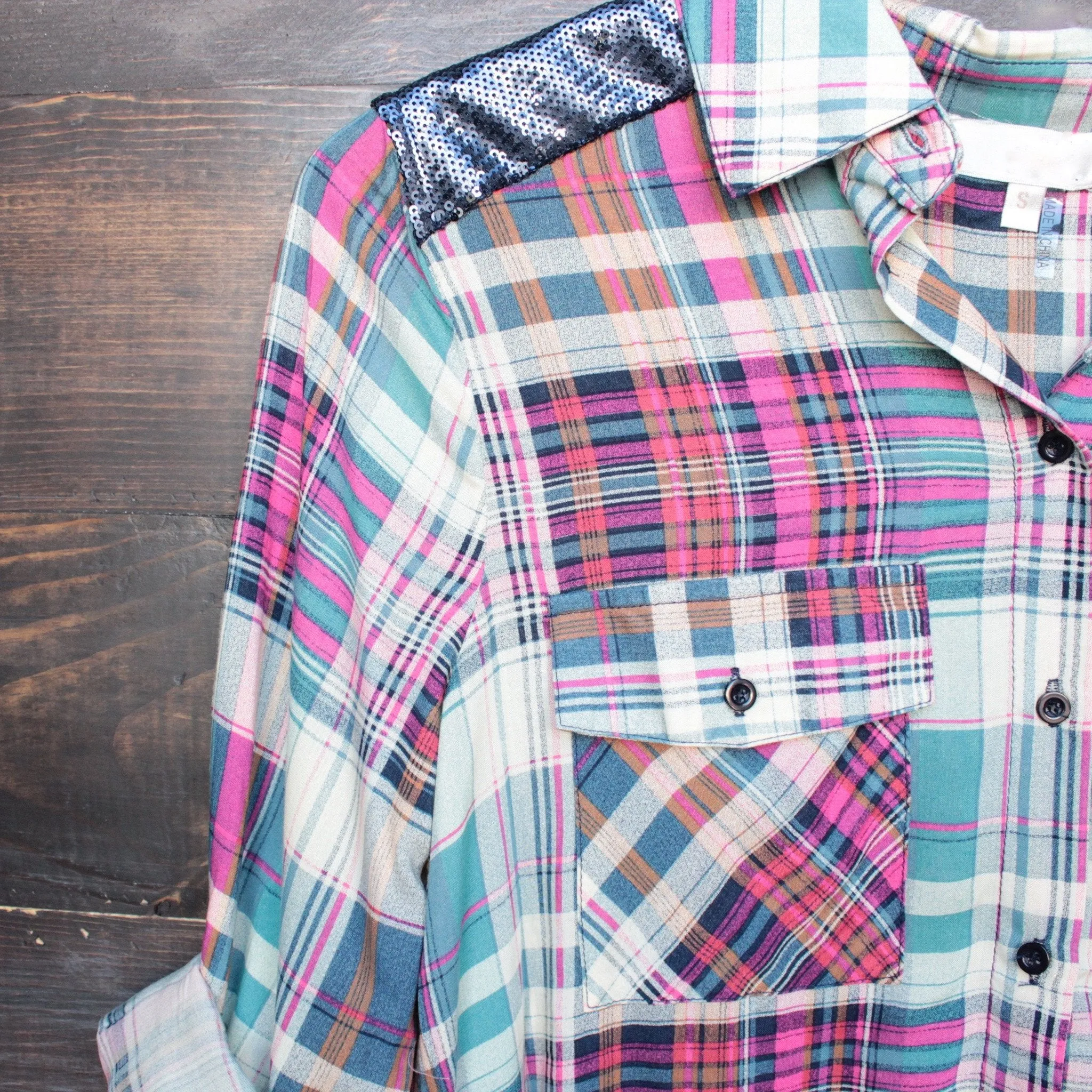 Final Sale - Button Up Plaid Shirt with Dazzling Blue Sequins