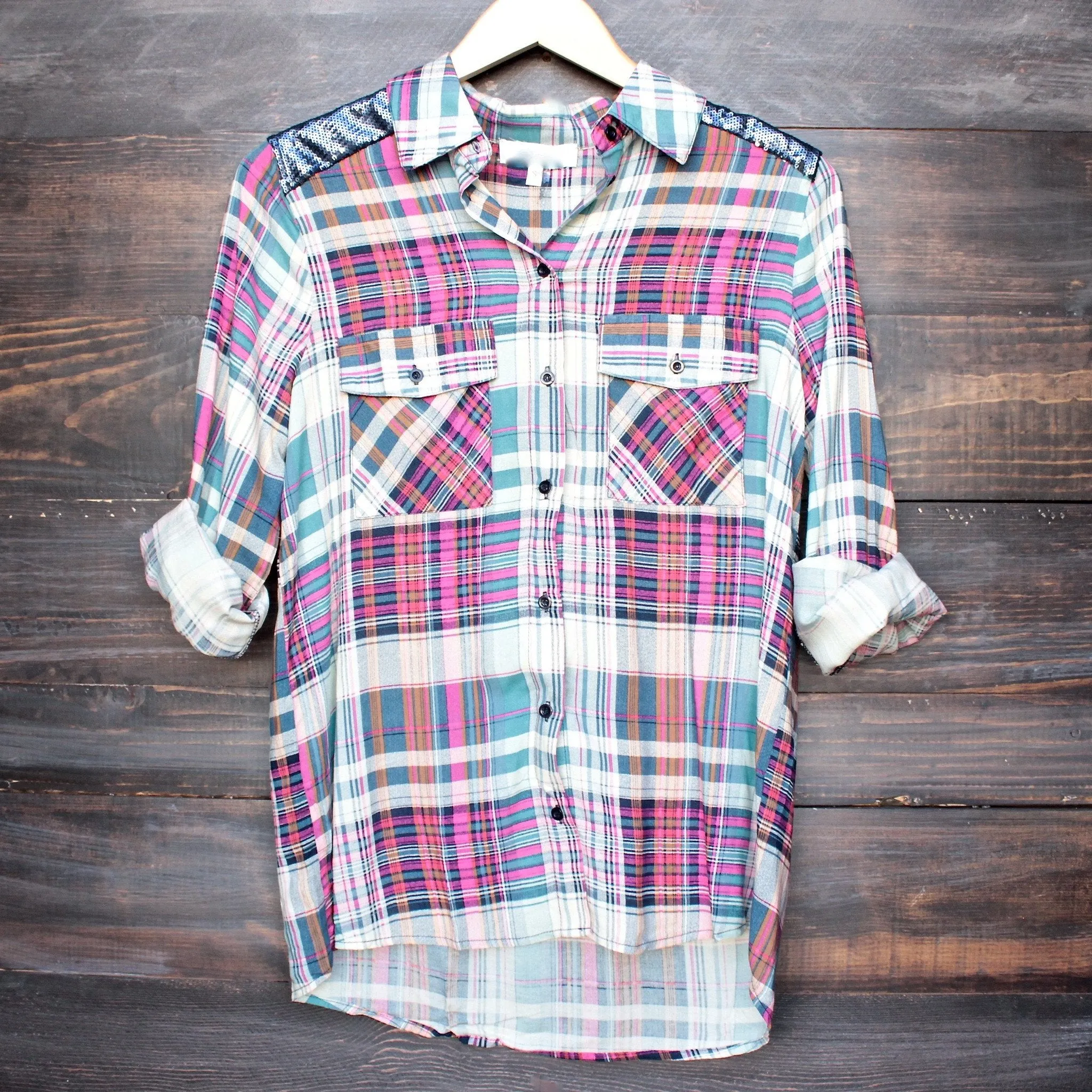 Final Sale - Button Up Plaid Shirt with Dazzling Blue Sequins