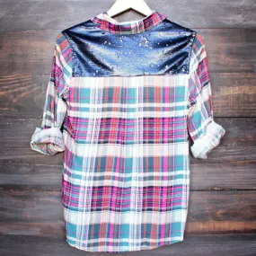 Final Sale - Button Up Plaid Shirt with Dazzling Blue Sequins