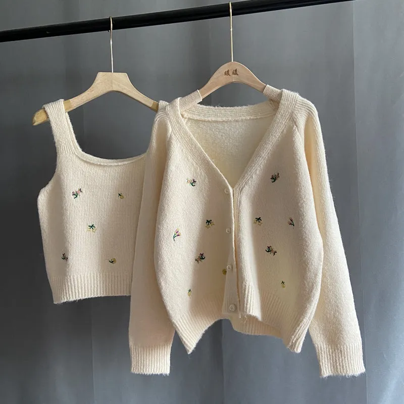 Floral Embroidery Knit Cardigan and Tank Crop Sweater Co ord Set