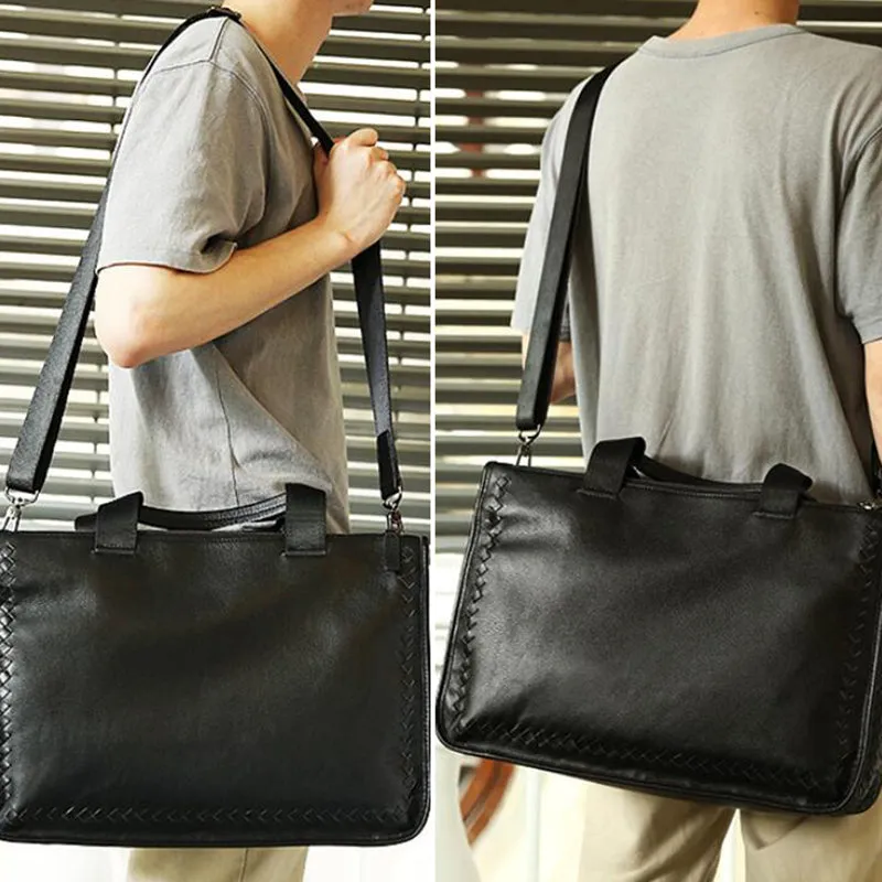 Full Grain Leather Weaving Briefcase Large Capacity Handbag Men Business Laptop Bag Shoulder Bags