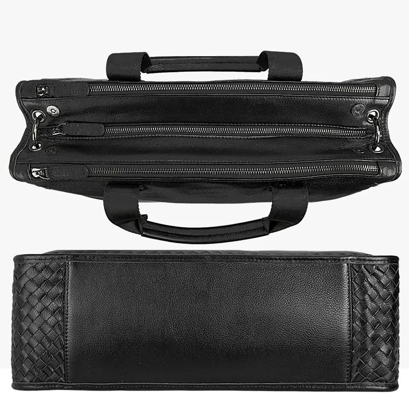 Full Grain Leather Weaving Briefcase Large Capacity Handbag Men Business Laptop Bag Shoulder Bags